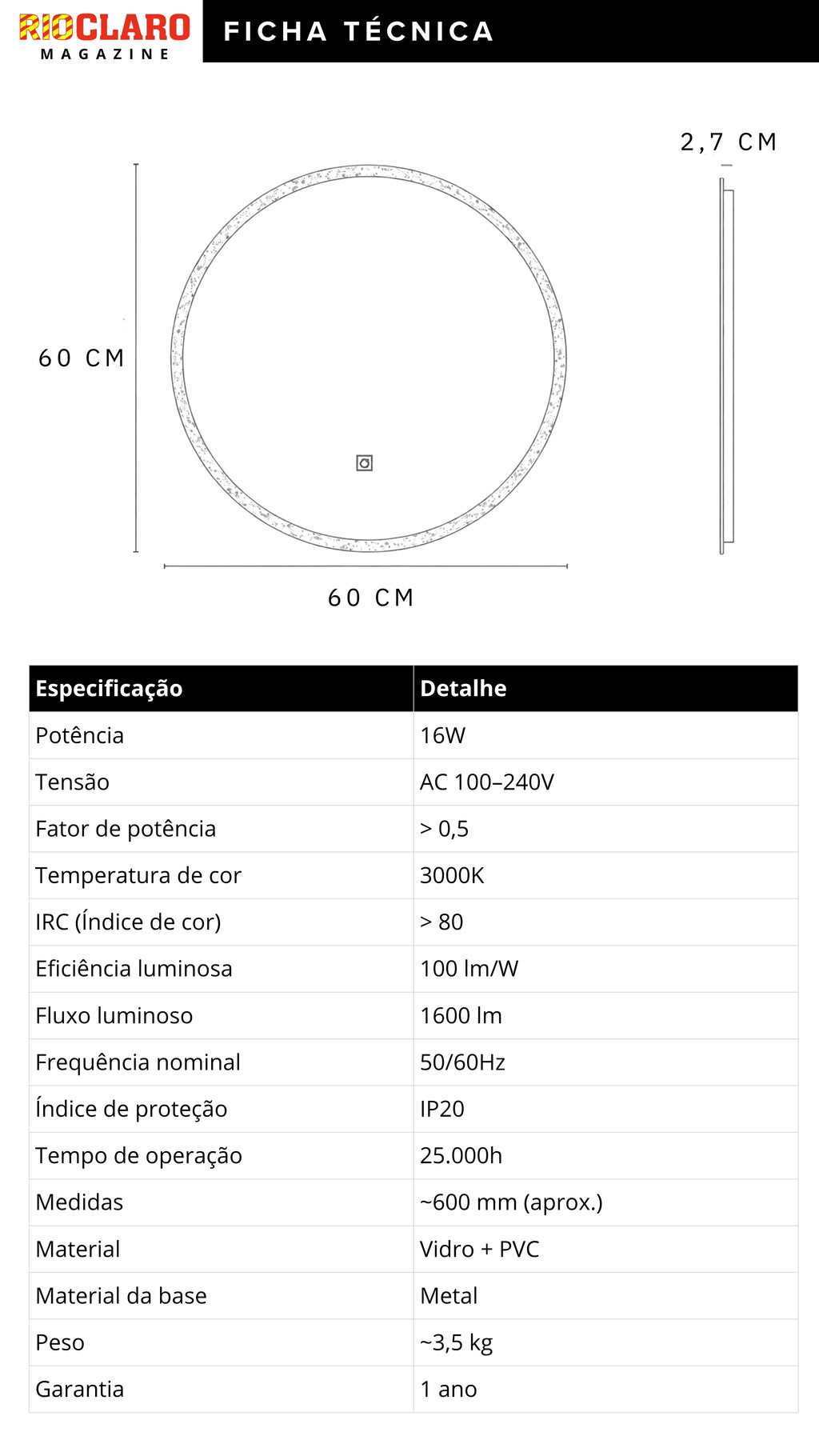 Espelho Redondo 60 cm Dimerizável Moldura Led 3000k