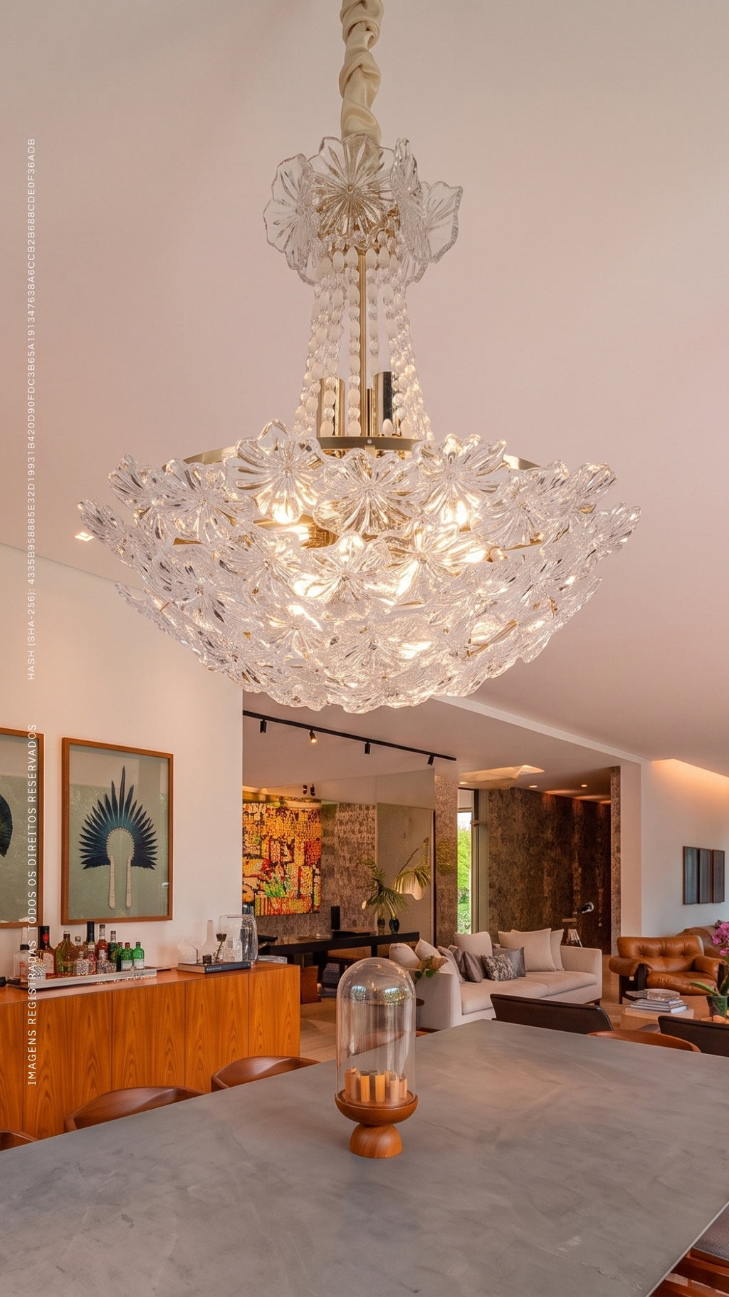 Lustre Imperial Flores de Vidro Estrutura Dourada