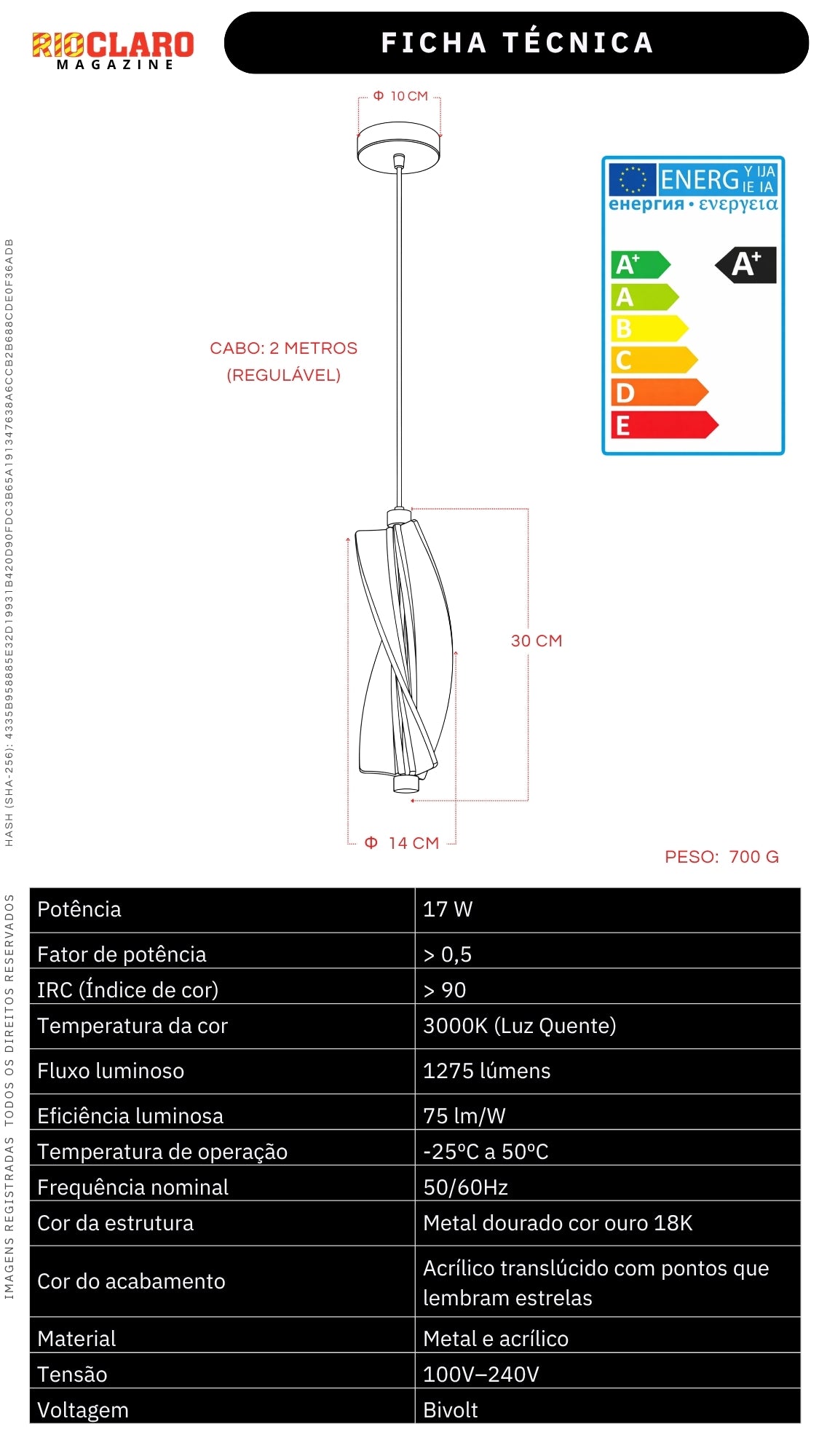 Pendente Led Espiral Dourado Ouro 17w Luz Quente 3000k Bivolt