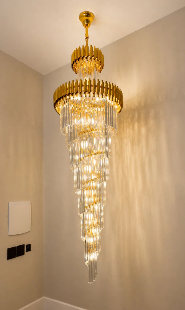 Lustre Cristal ZÉNITH CASCADE CHADELIER 180cm Pé Direito Duplo Sala Escada Hall