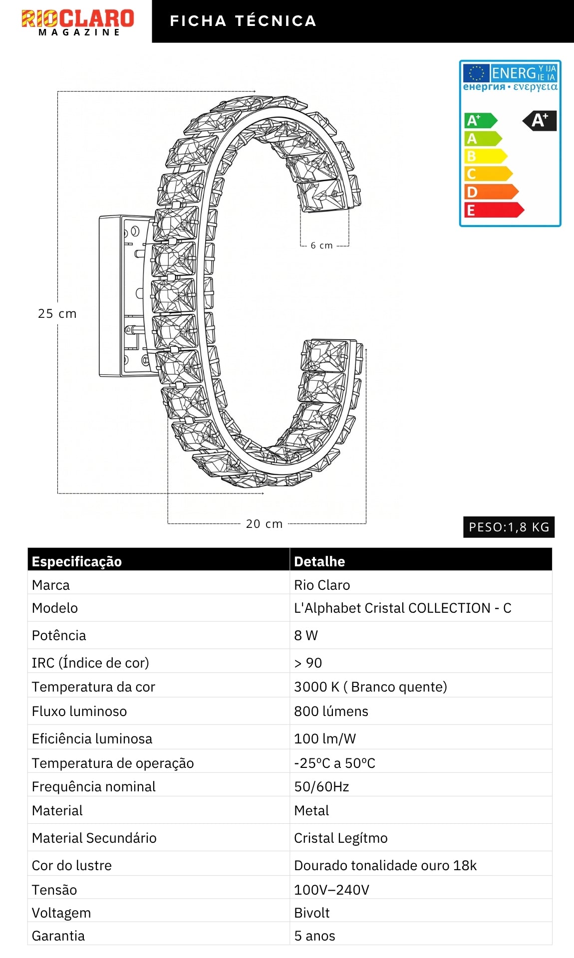 Arandela Parede Cristal Dourada Led Letras Alfabeto A - Z