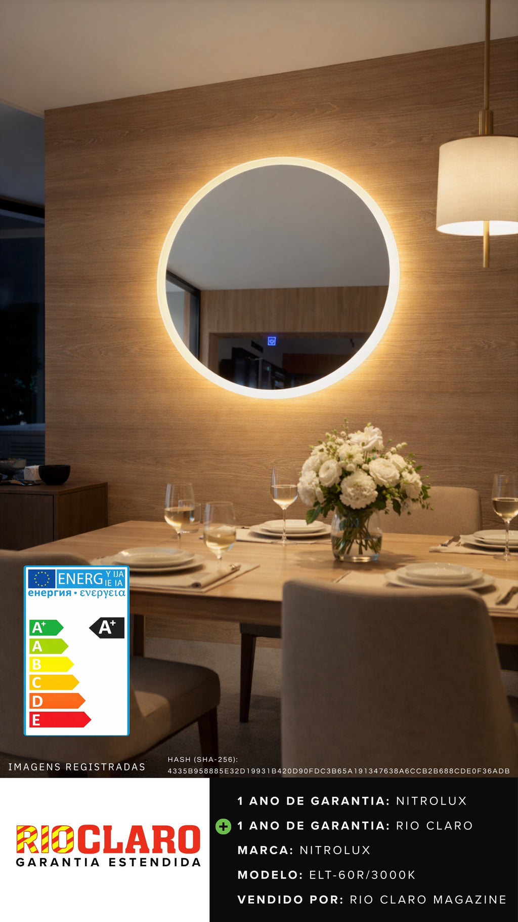 Espelho Redondo 60 cm Dimerizável Moldura Led 3000k