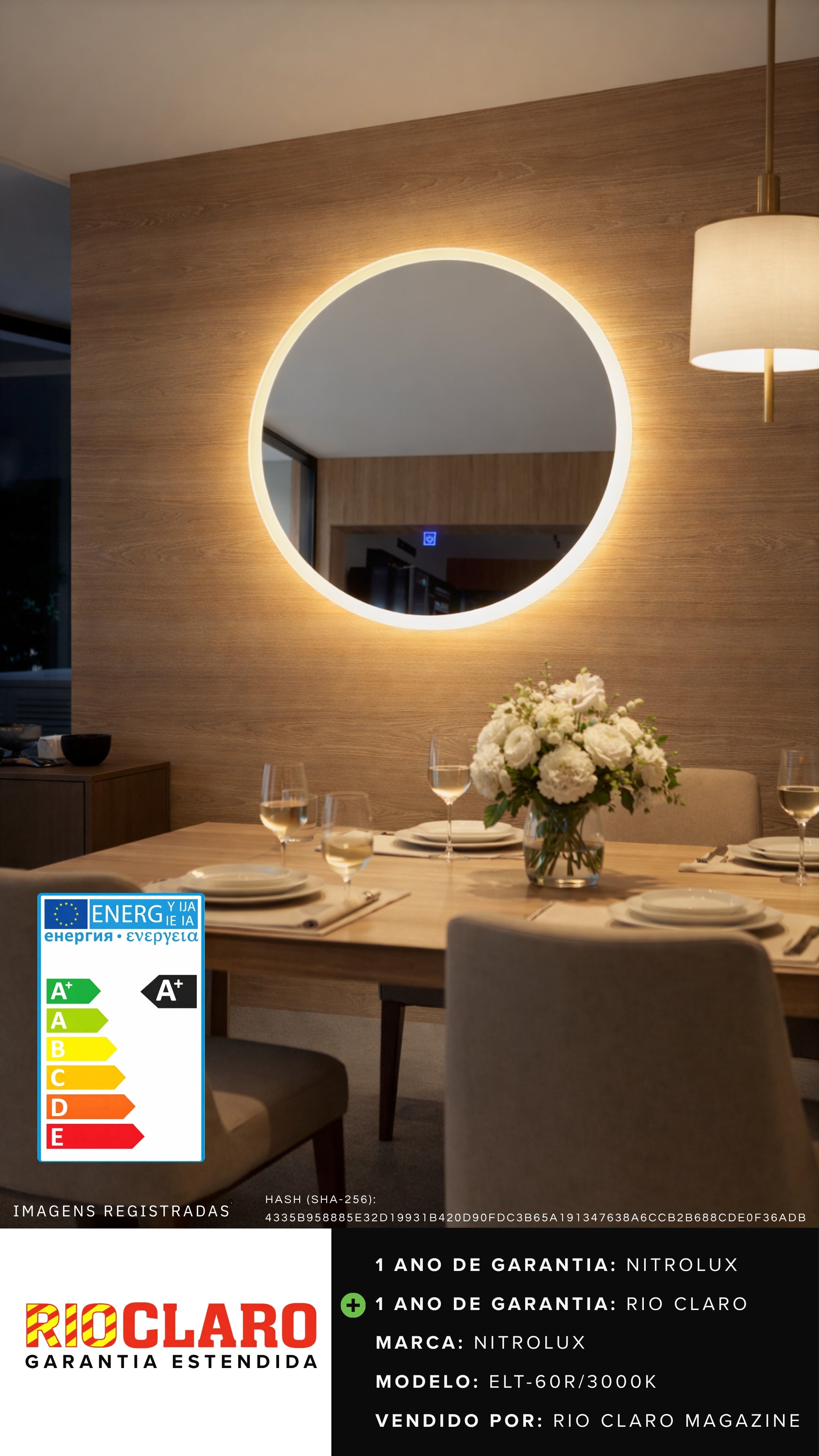 Espelho Redondo 60 cm Dimerizável Moldura Led 3000k