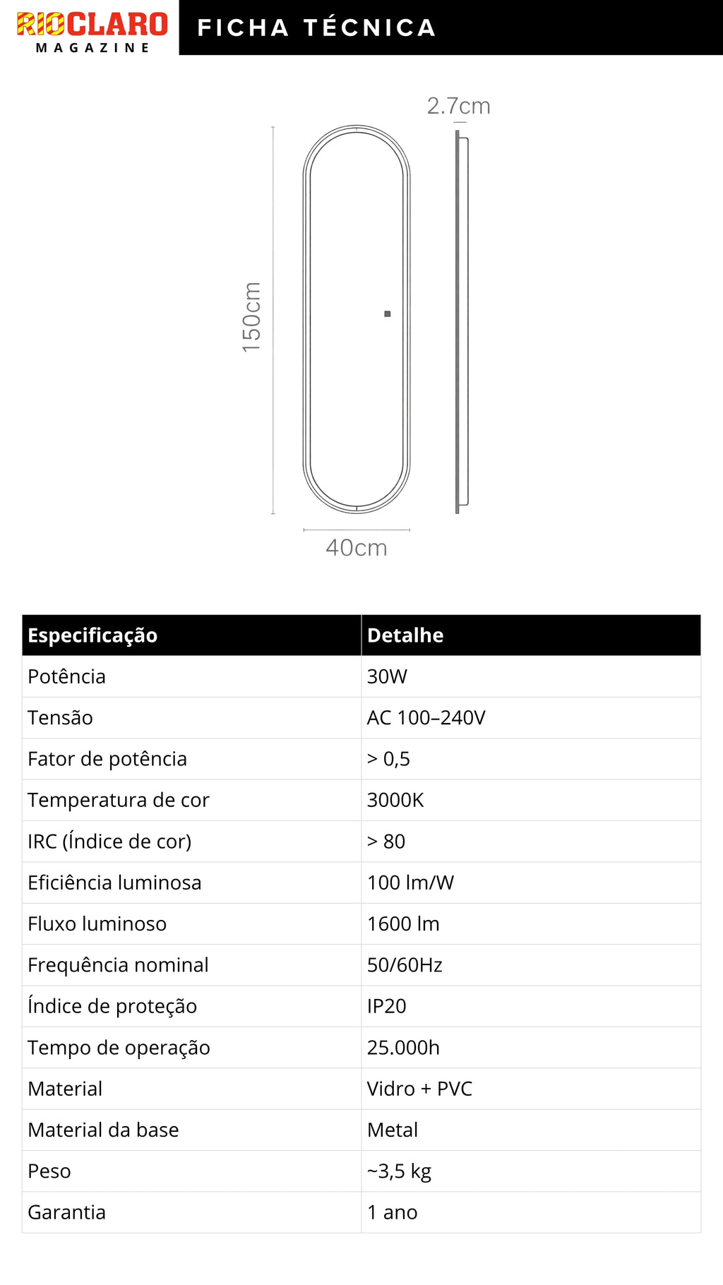 Espelho Oval LED Dimerizável Moldura Grande Corpo Inteiro