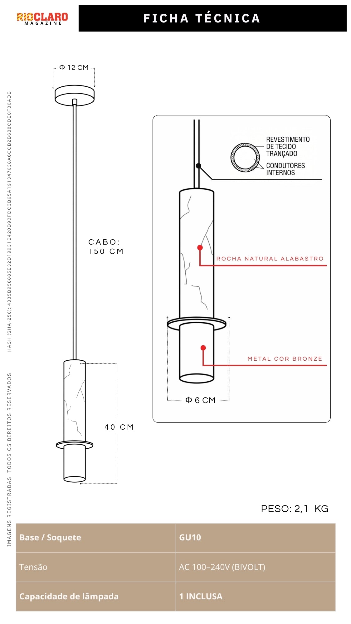 Luminária Pendente em Alabastro e Metal Cor Bronze