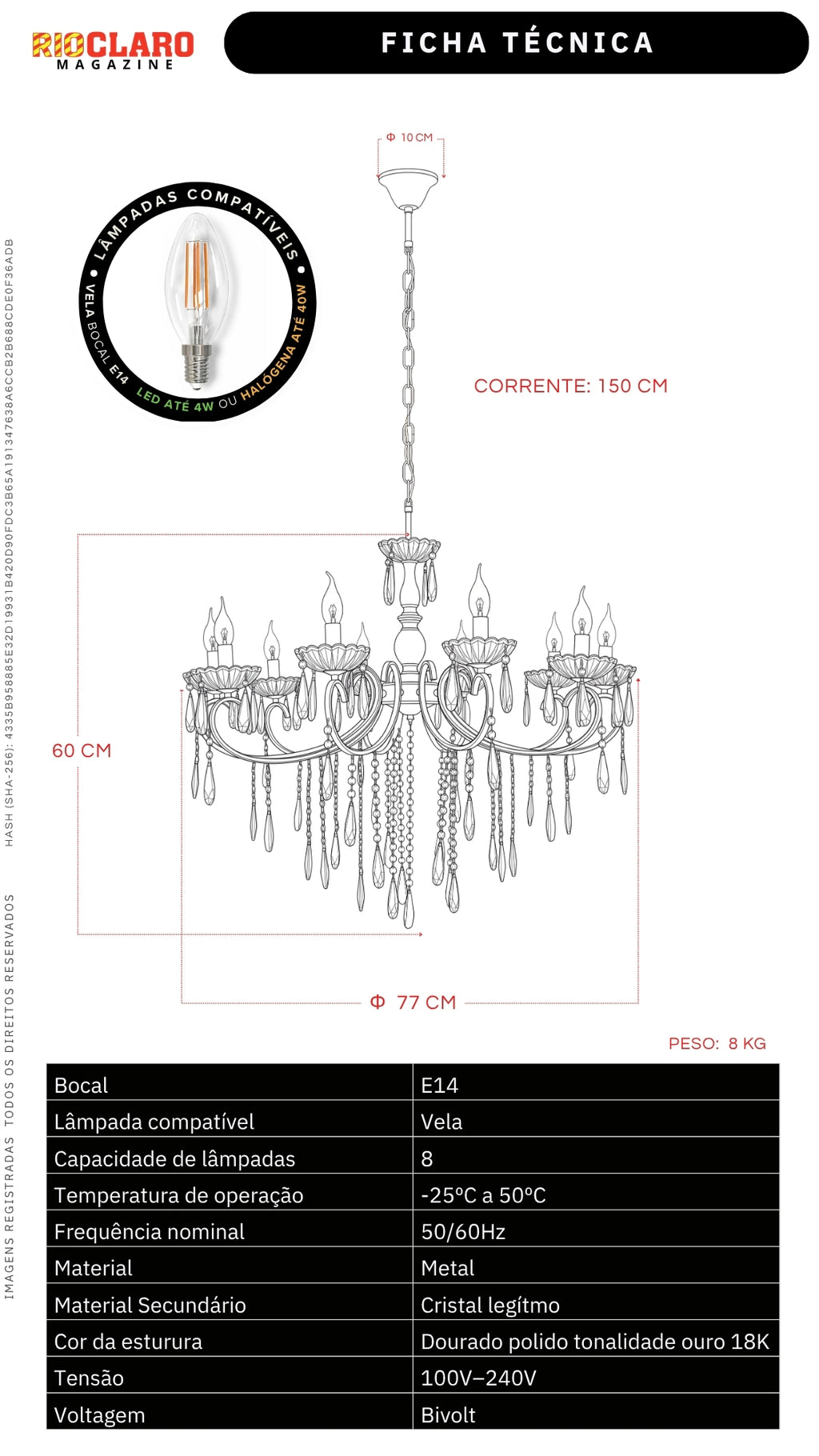 Lustre Clássico de Cristal Legítimo 8 Braços Dourado Ouro 18K