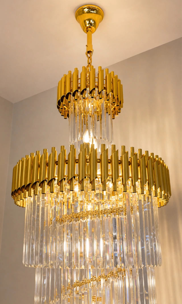 Lustre Cristal ZÉNITH CASCADE CHADELIER 180cm Pé Direito Duplo Sala Escada Hall
