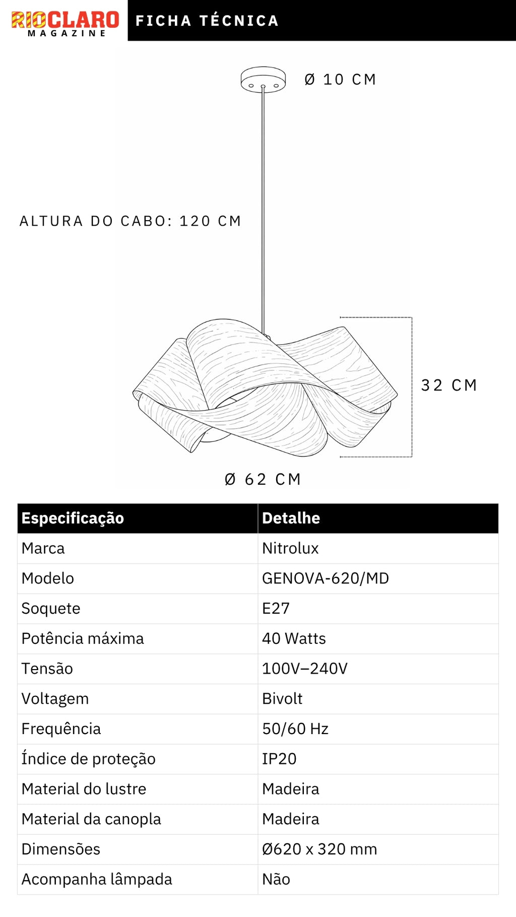 Lustre Pendente Madeira Genova 62cm E27 Bivolt Nitrolux