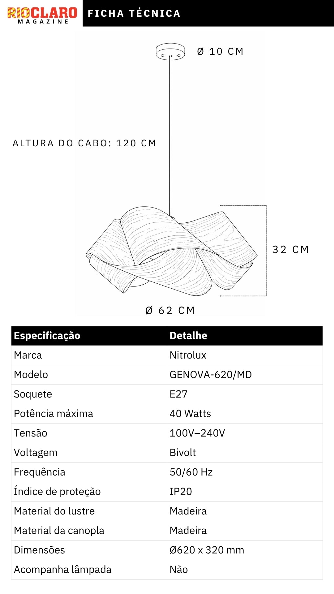 Lustre Pendente Madeira Genova 62cm E27 Bivolt Nitrolux