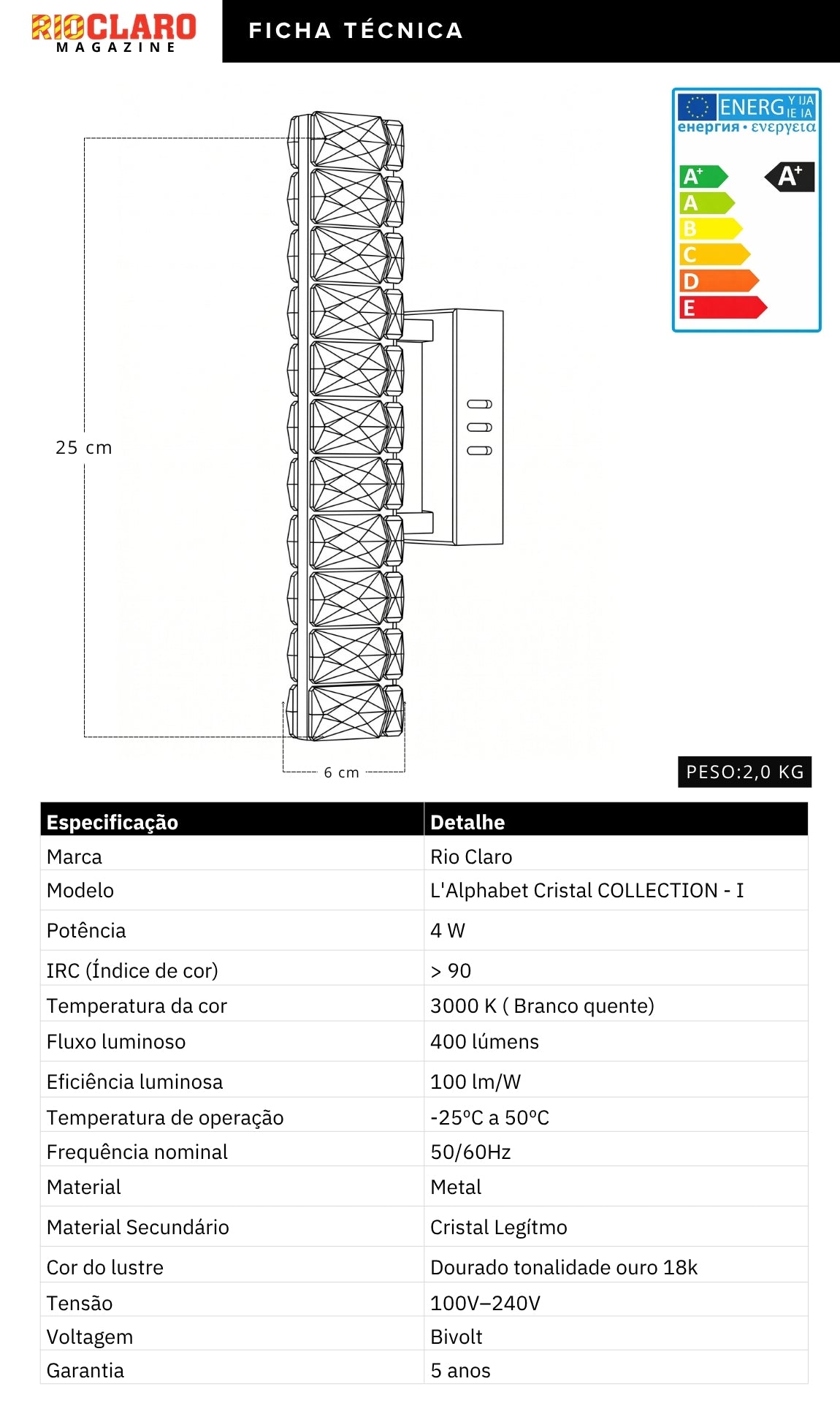 Arandela Parede Cristal Dourada Led Letras Alfabeto A - Z