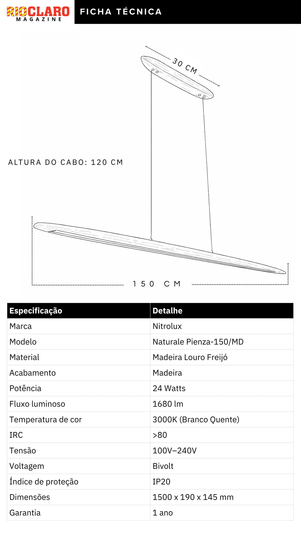 Lustre Pendente Linear Madeira 150cm LED 3000K Bivolt Albero Pienza