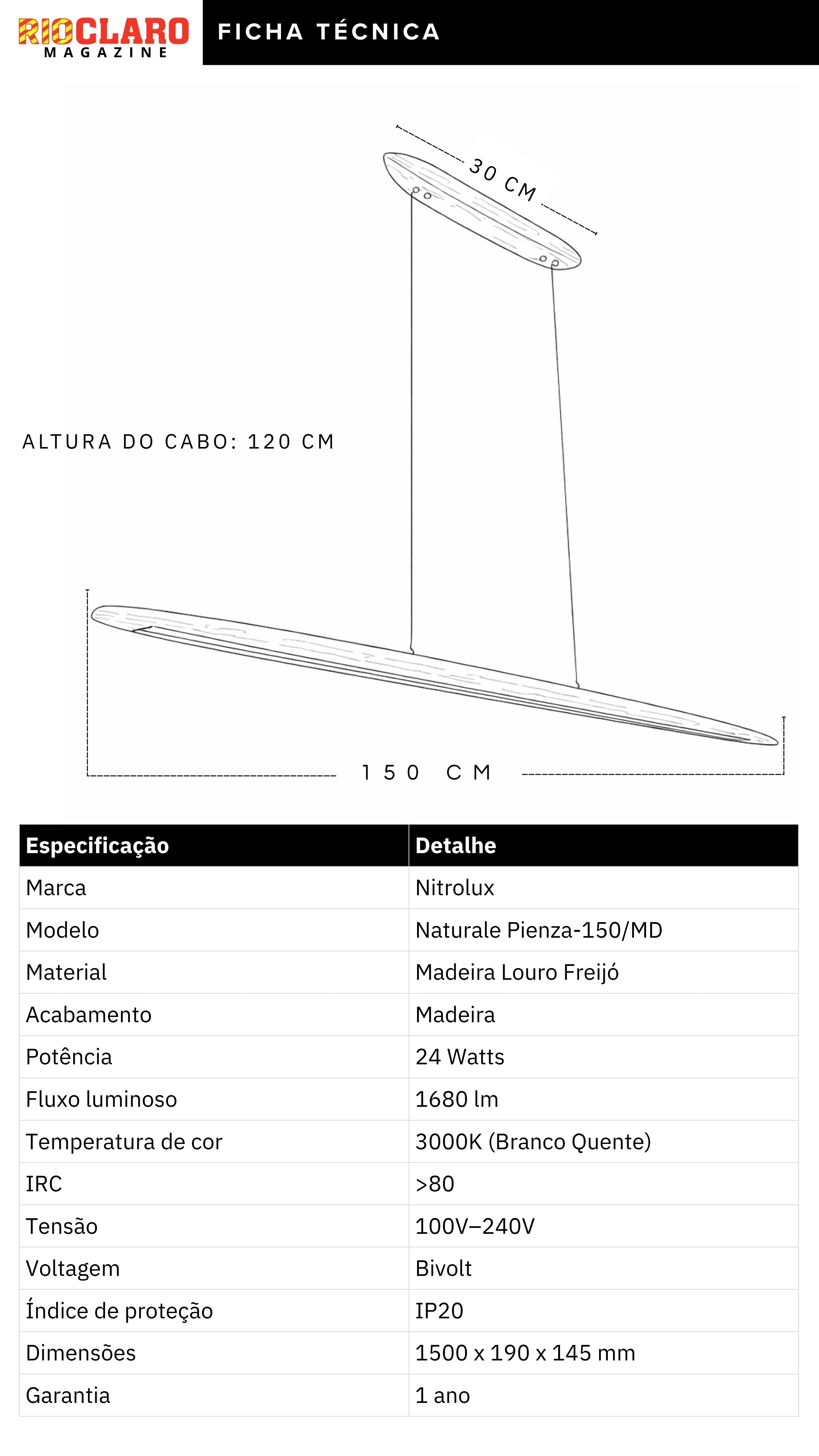 Lustre Pendente Linear Madeira 150cm LED 3000K Bivolt Albero Pienza