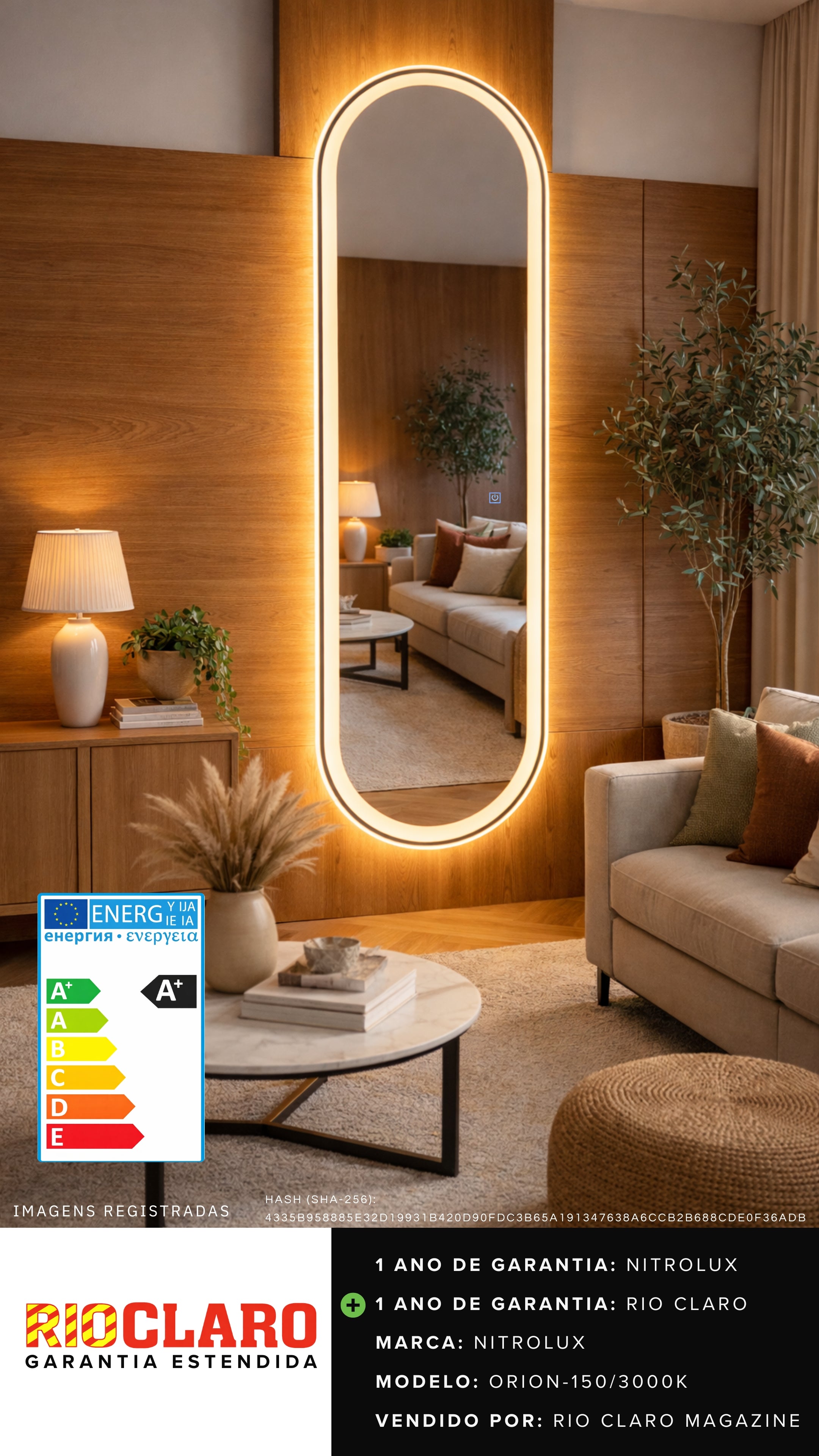 Espelho Oval LED Dimerizável Moldura Grande Corpo Inteiro