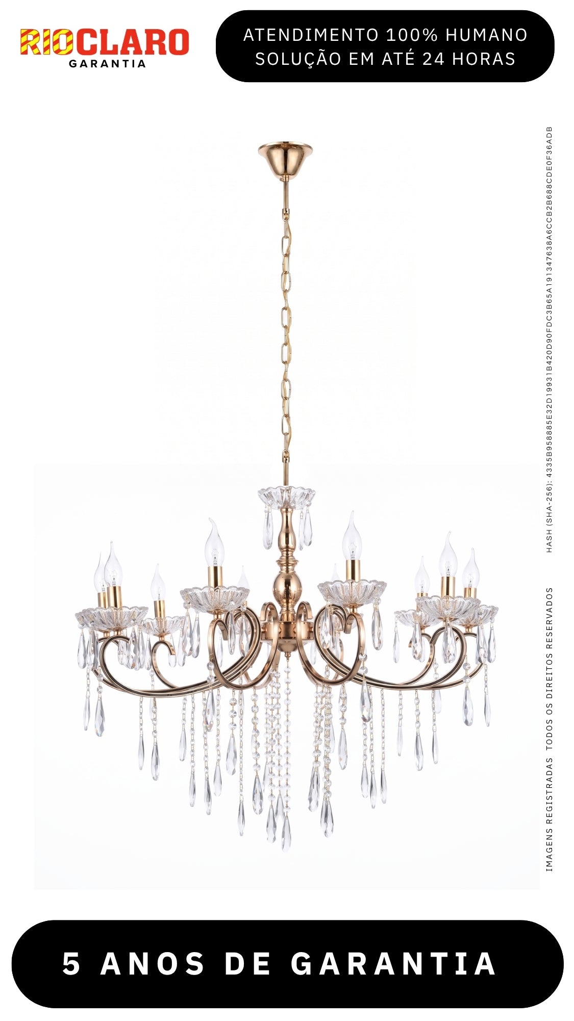 Lustre Clássico de Cristal Legítimo 8 Braços Dourado Ouro 18K