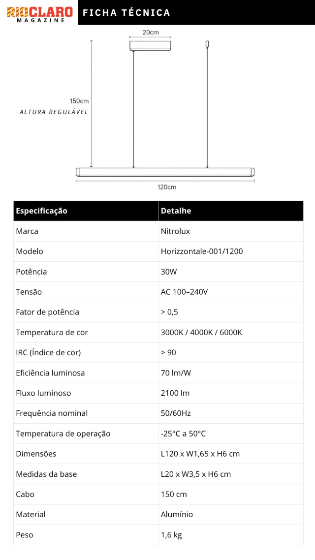 Pendente Linear Horizzontale Retangular 120cm Led Integrado Nitrolux