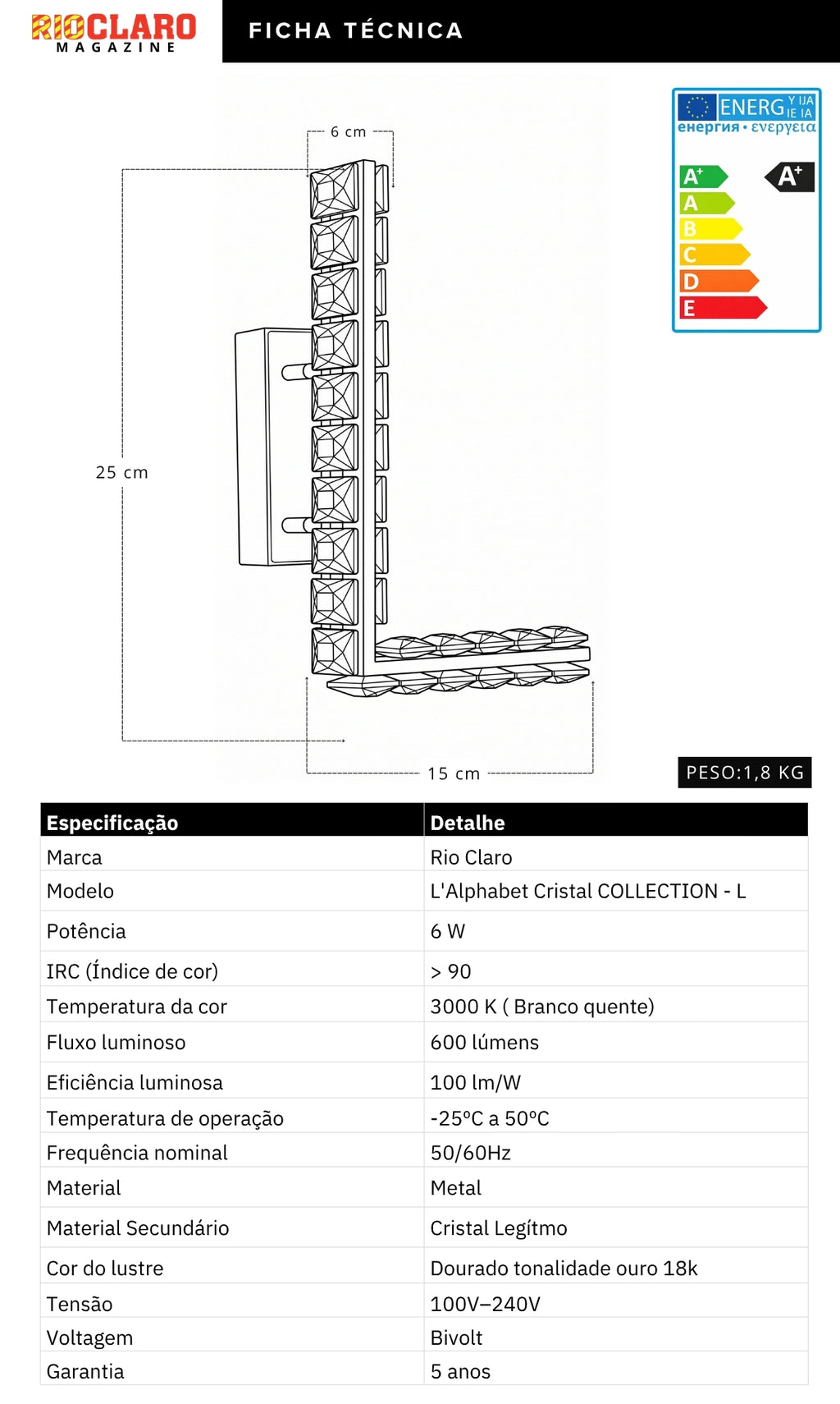 Arandela Parede Cristal Dourada Led Letras Alfabeto A - Z