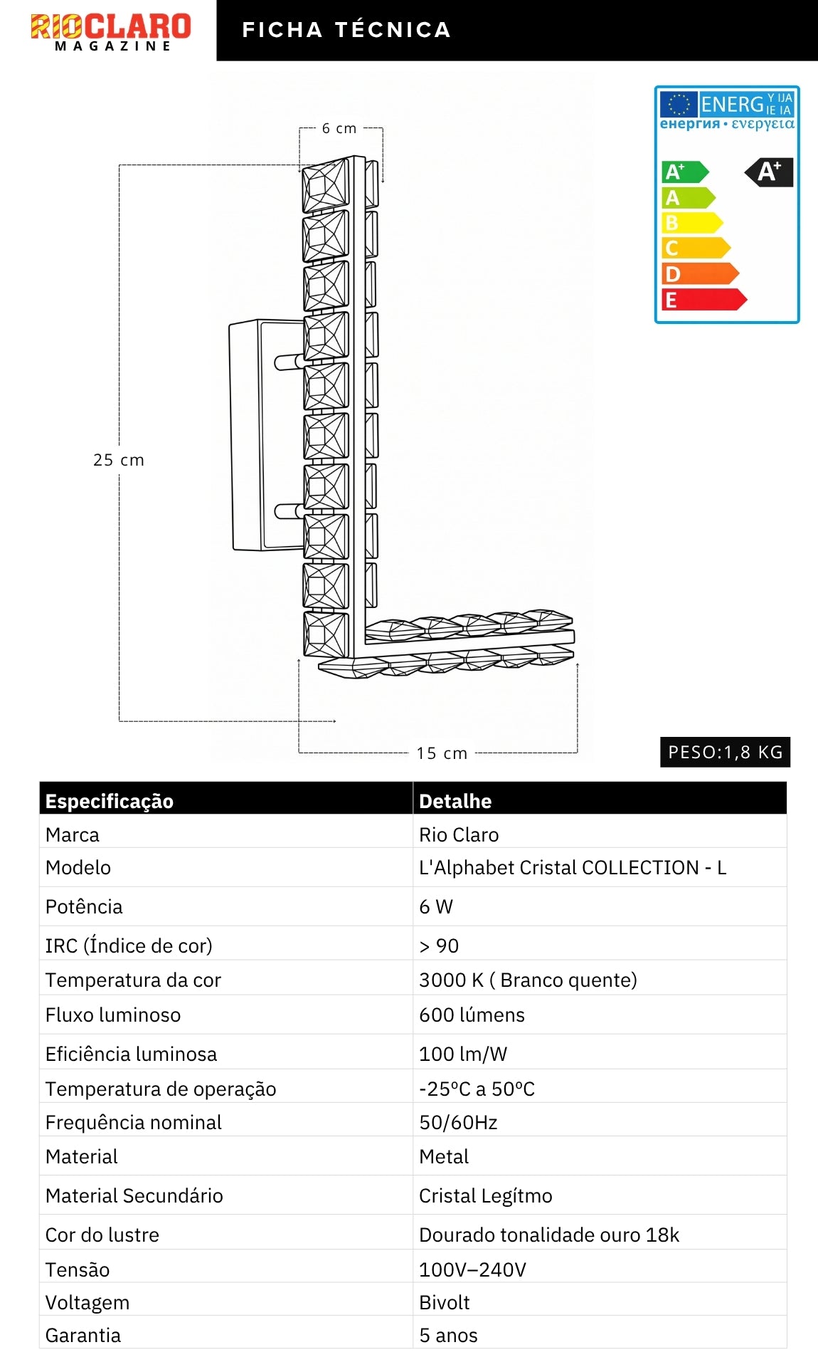 Arandela Parede Cristal Dourada Led Letras Alfabeto A - Z