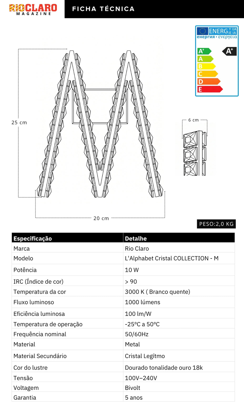 Arandela Parede Cristal Dourada Led Letras Alfabeto A - Z