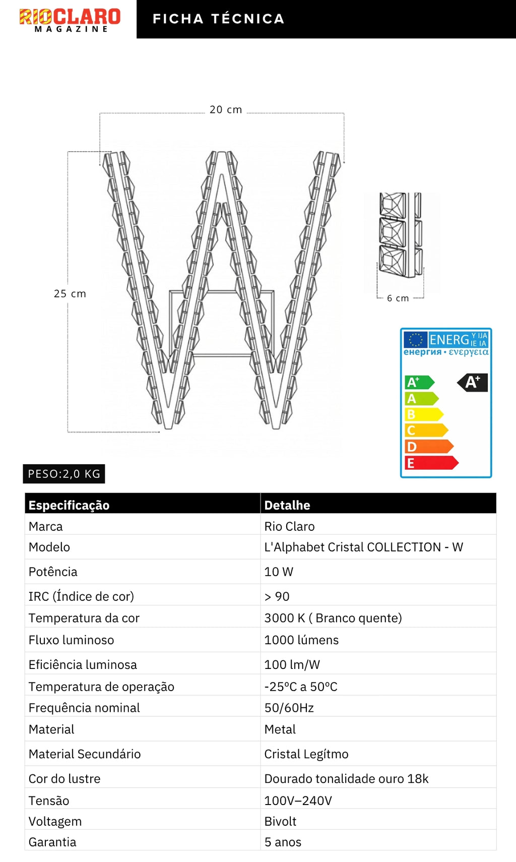 Arandela Parede Cristal Dourada Led Letras Alfabeto A - Z