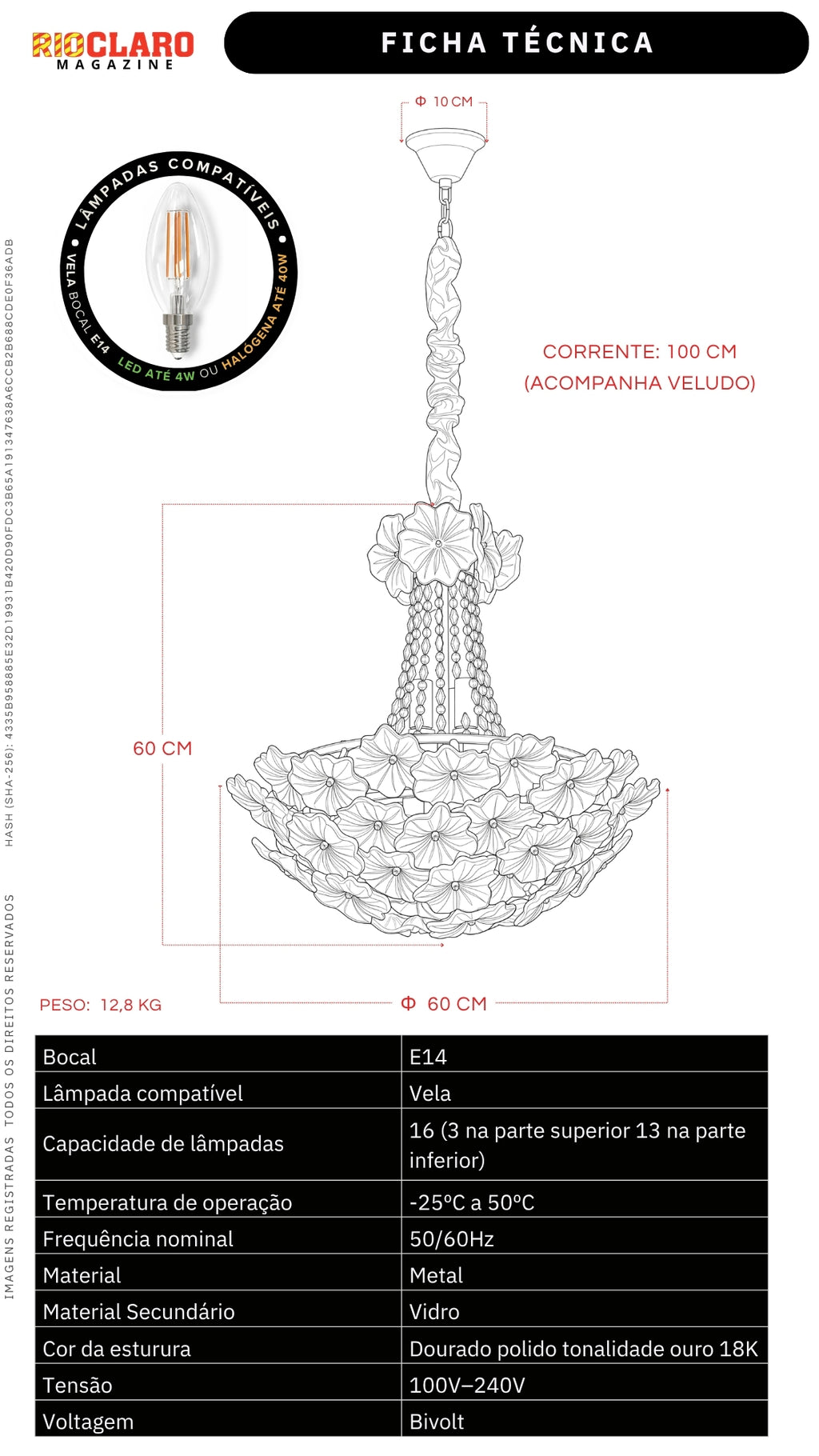 Lustre Imperial Flores de Vidro Estrutura Dourada