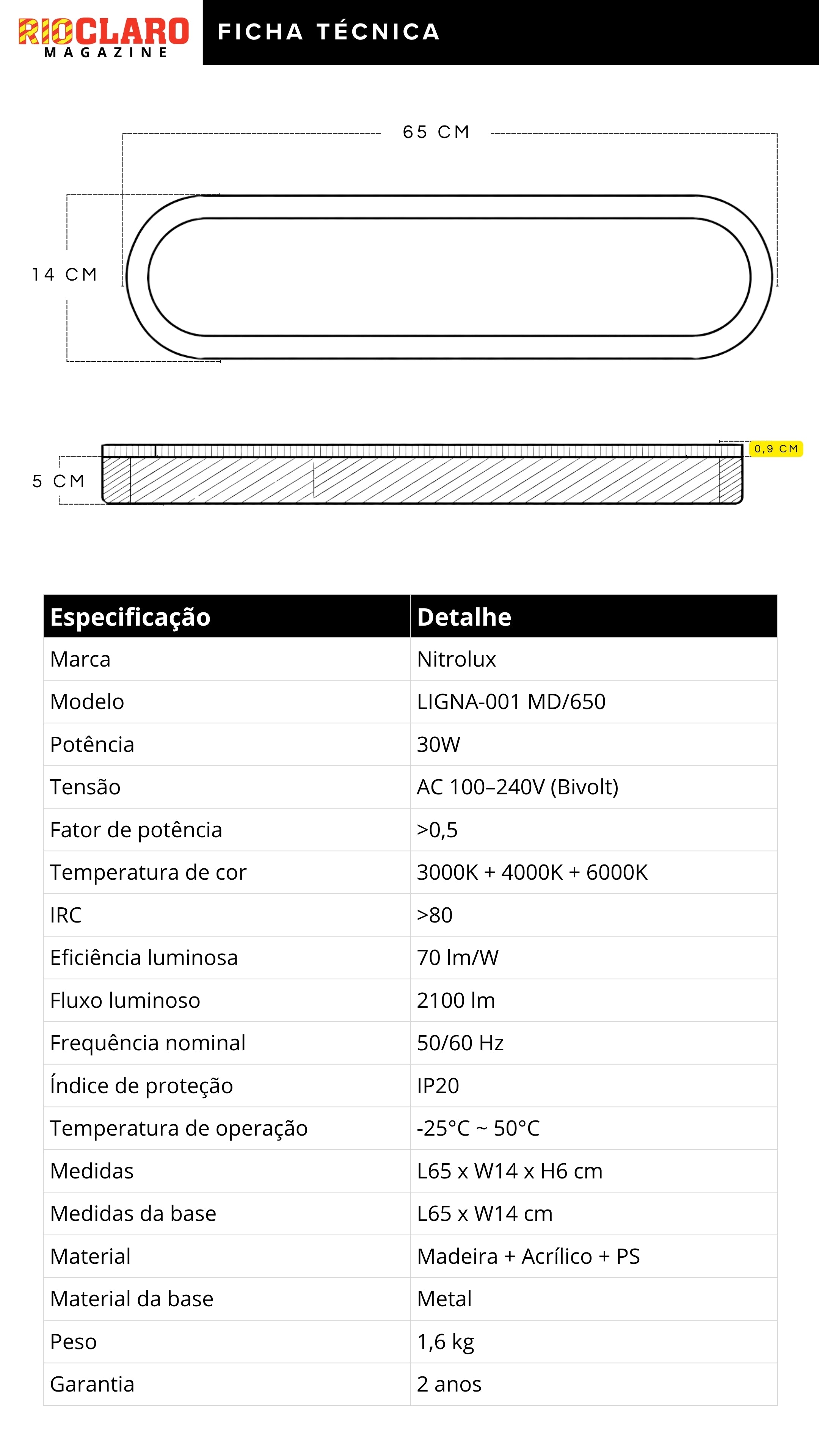 Plafon Retangular De Madeira 65 Cm Nitrolux Led 30w Bivolt