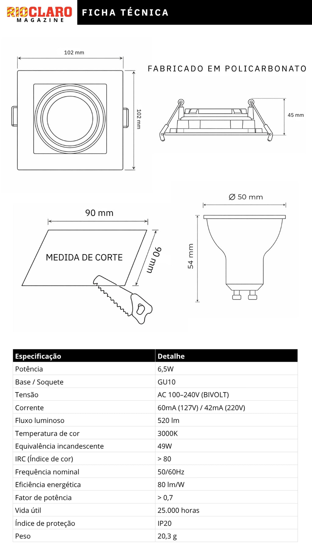 Kit 10 Spot Embutir Recuado MR16 GU10 Completo C/ Lâmpada LED 6,5W 3000K Preto Slim Teto Gesso Direcionável