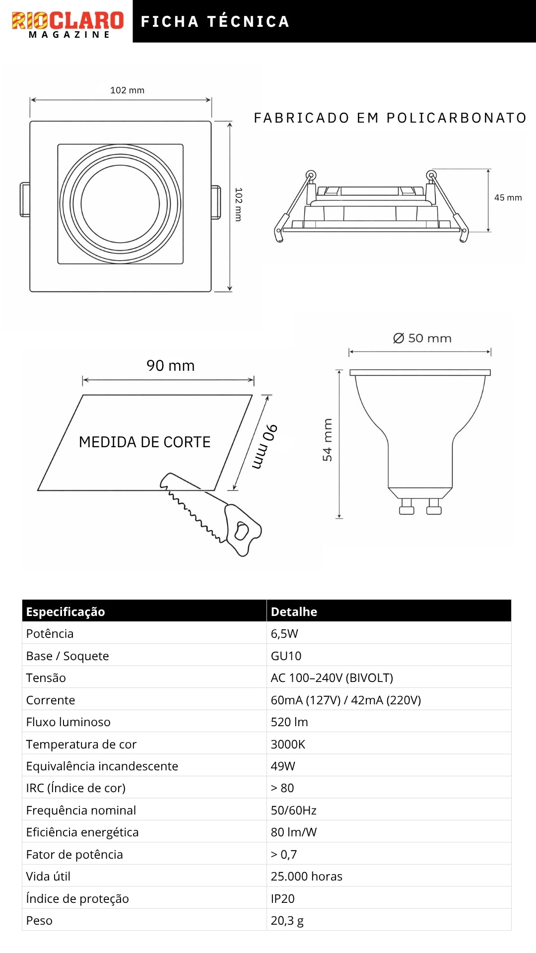 Kit 10 Spot Embutir Recuado MR16 GU10 Completo C/ Lâmpada LED 6,5W 3000K Preto Slim Teto Gesso Direcionável