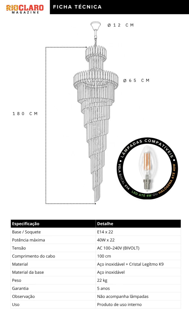 Lustre Cristal ZÉNITH CASCADE CHADELIER 180cm Pé Direito Duplo Sala Escada Hall