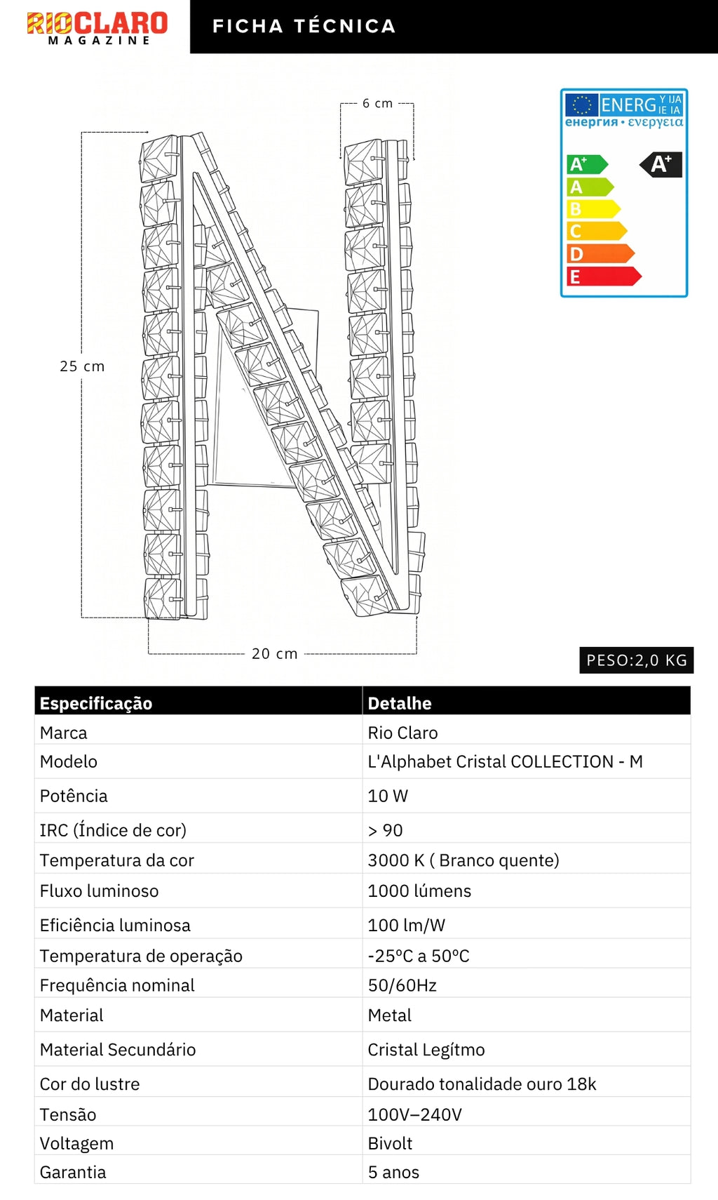 Arandela Parede Cristal Dourada Led Letras Alfabeto A - Z