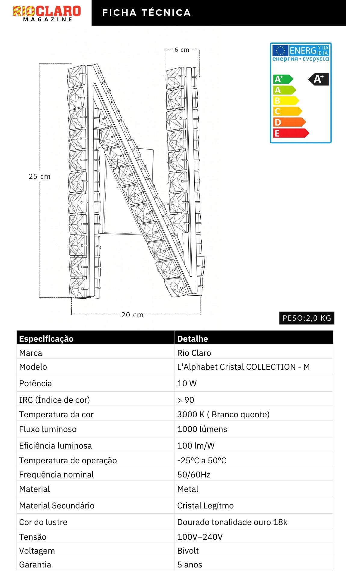 Arandela Parede Cristal Dourada Led Letras Alfabeto A - Z