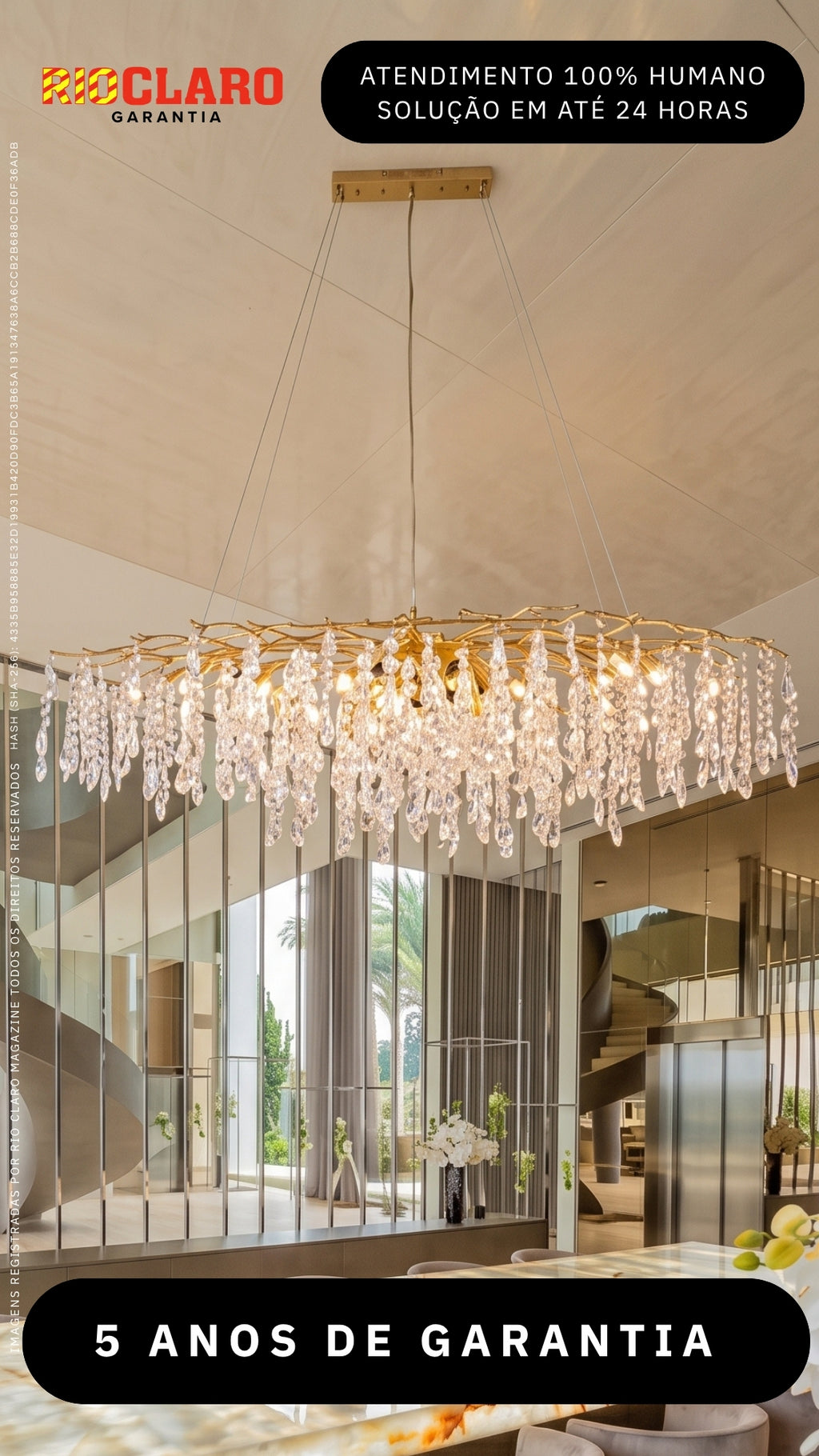 Lustre Pendente Cristal Dourado Galhos 150cm Luxo Bivolt E14