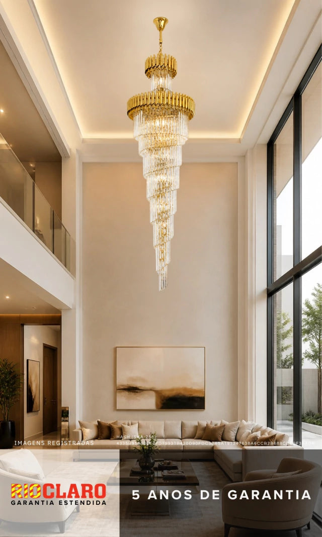 Lustre Cristal ZÉNITH CASCADE CHADELIER 180cm Pé Direito Duplo Sala Escada Hall