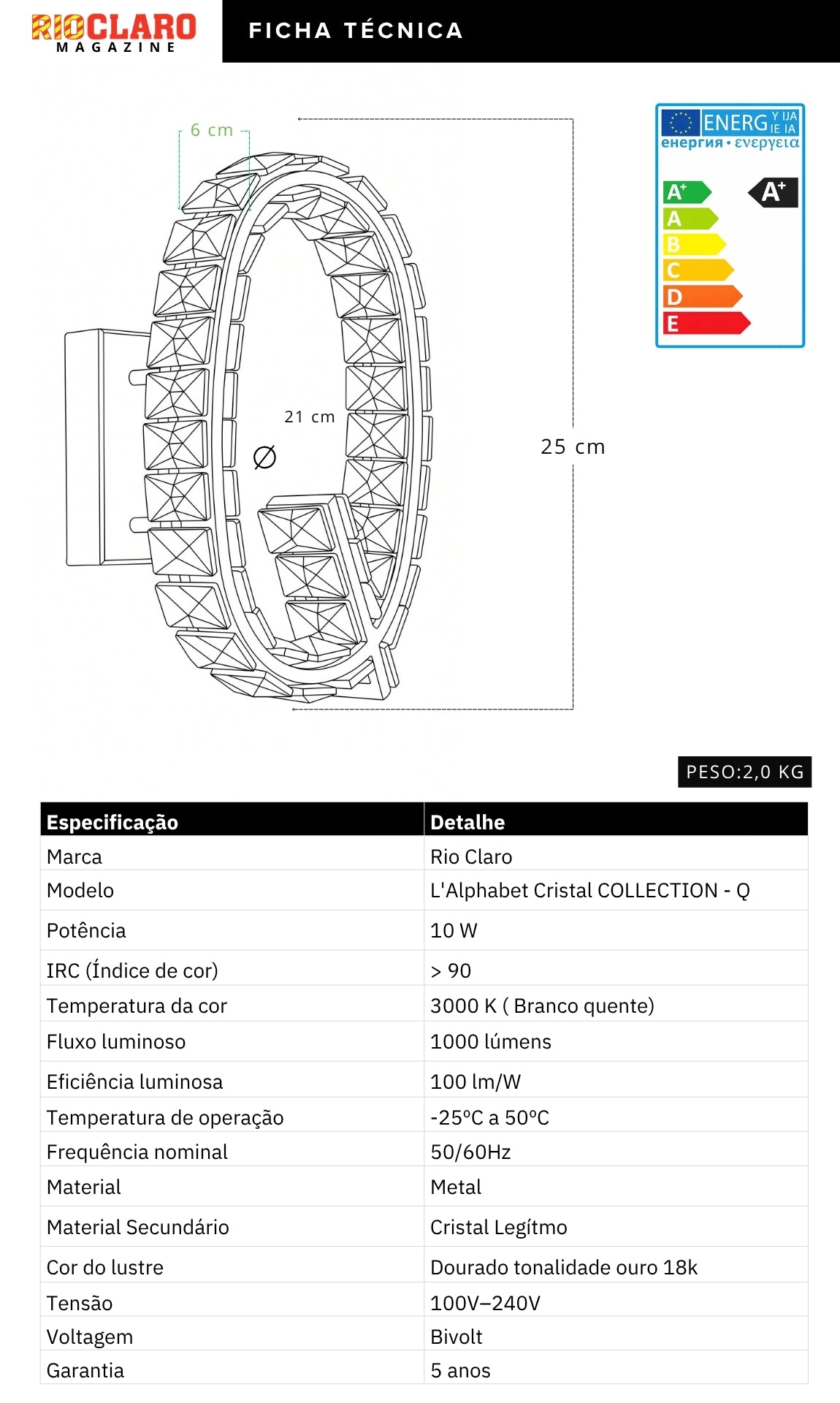 Arandela Parede Cristal Dourada Led Letras Alfabeto A - Z