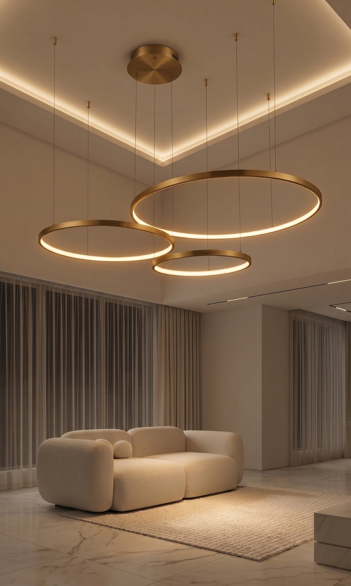 Lustre Pendente LED 3 Anéis Dourado Pé Direito Duplo 112w