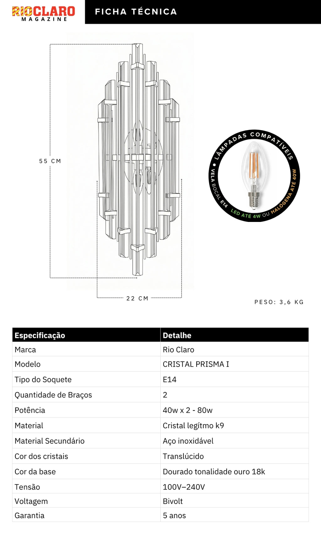 Luminária Parede Arandela Dourado Cristal K9 Prisma Luxo