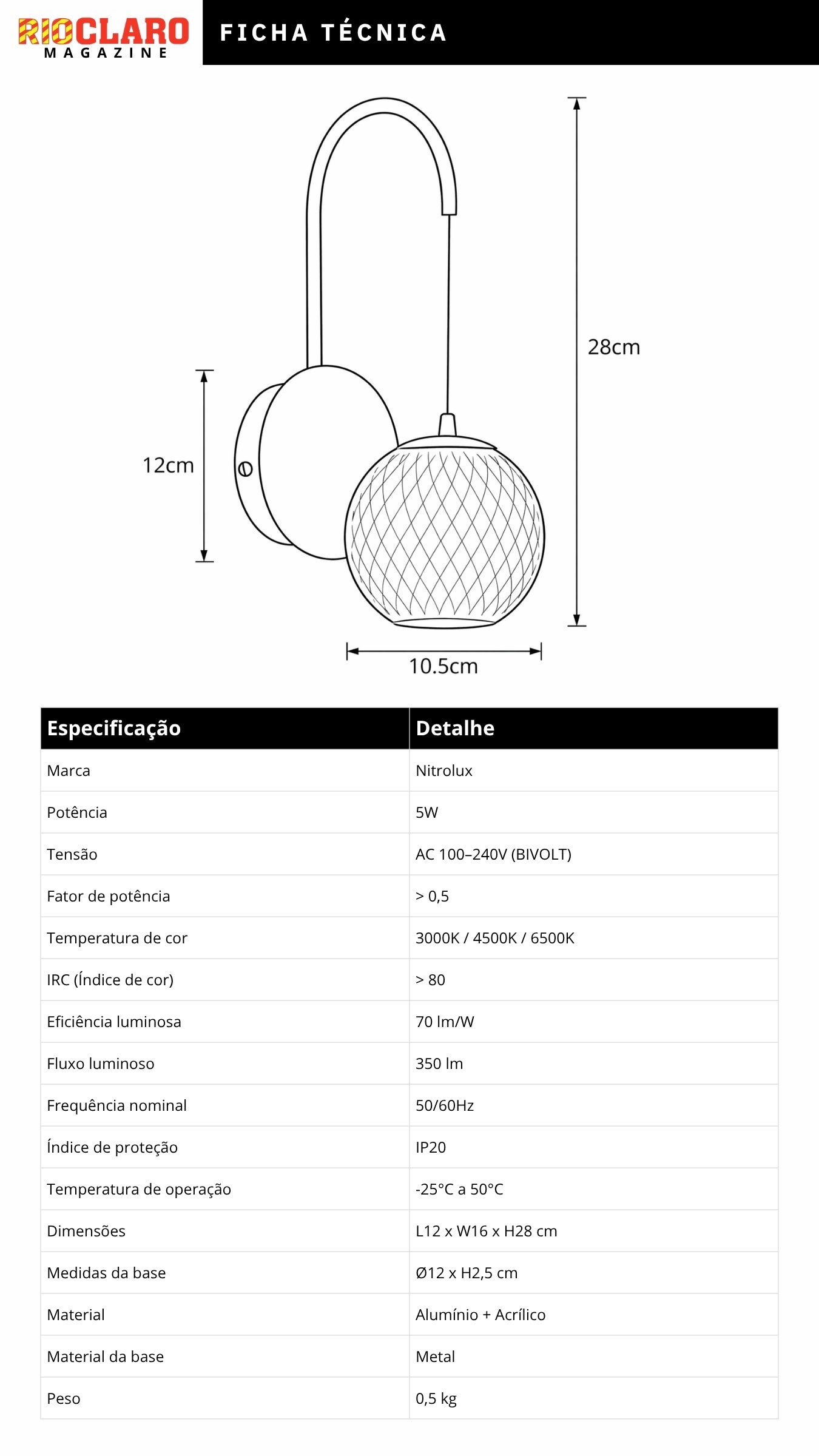 Arandela Dourada Clássica Globo LED 5W Bivolt