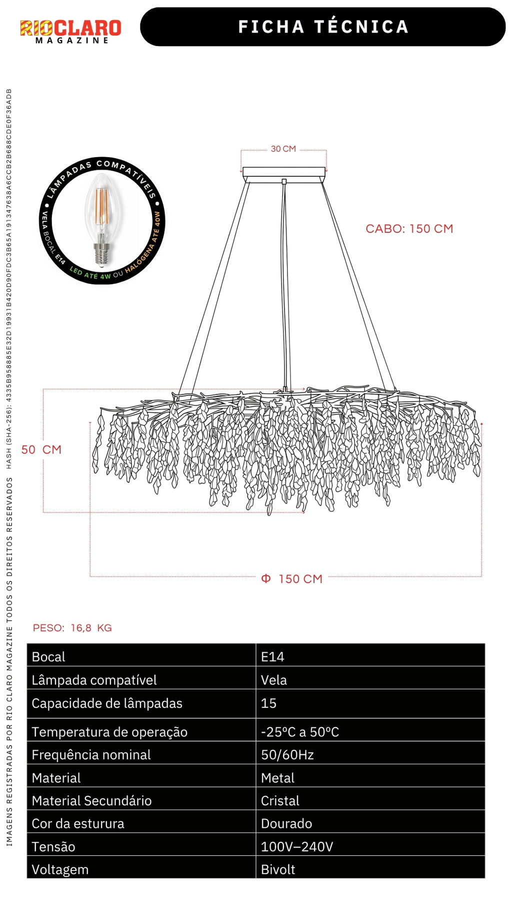 Lustre Pendente Cristal Dourado Galhos 150cm Luxo Bivolt E14