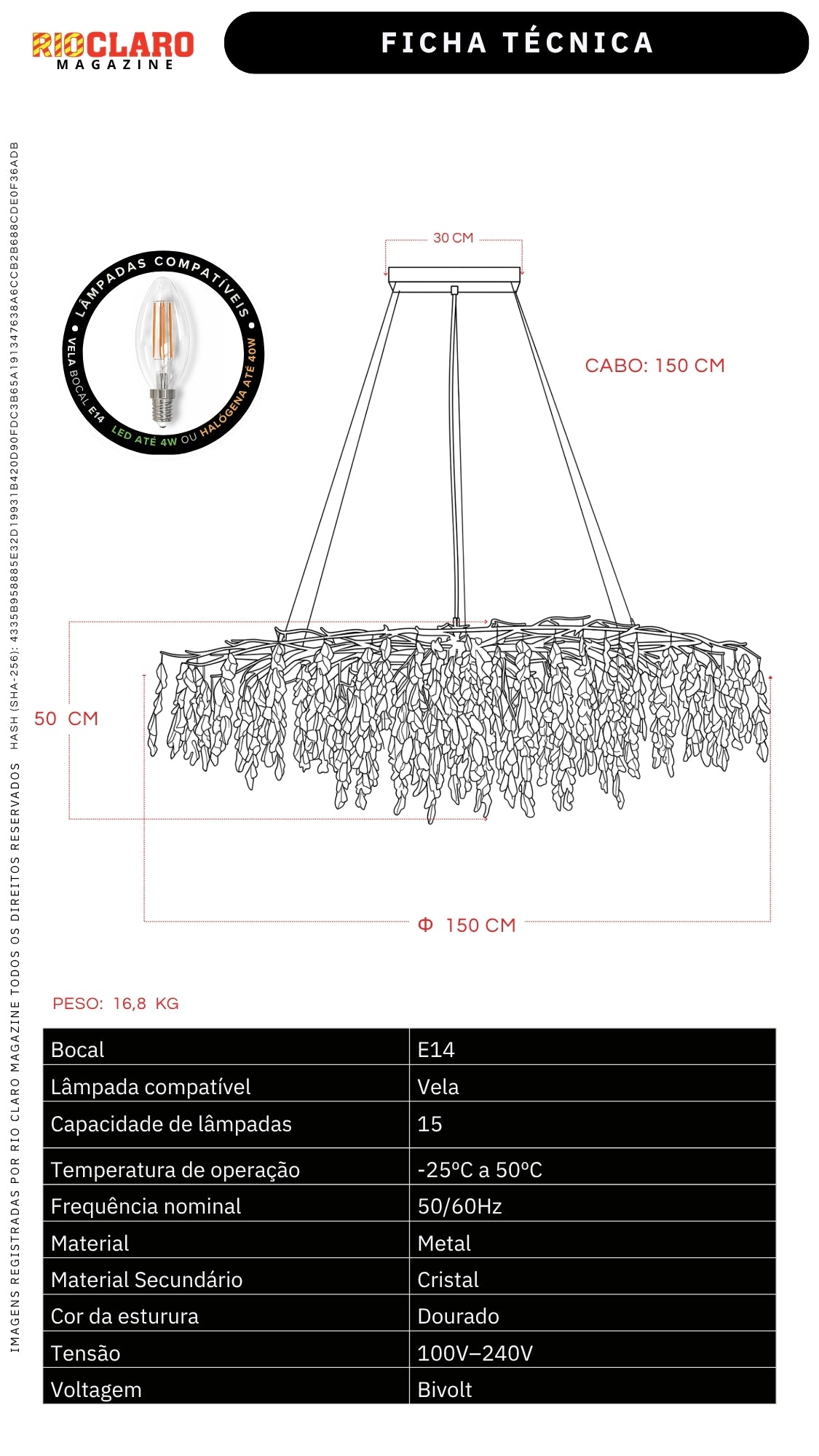 Lustre Pendente Cristal Dourado Galhos 150cm Luxo Bivolt E14