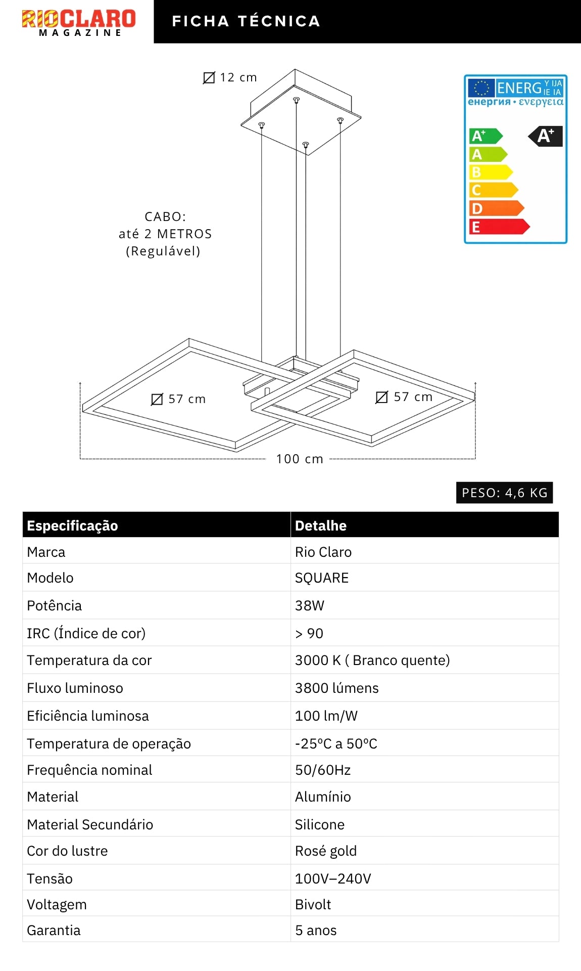 Pendente LED Quadrado Moderno Rose Gold Sala Quarto Bivolt