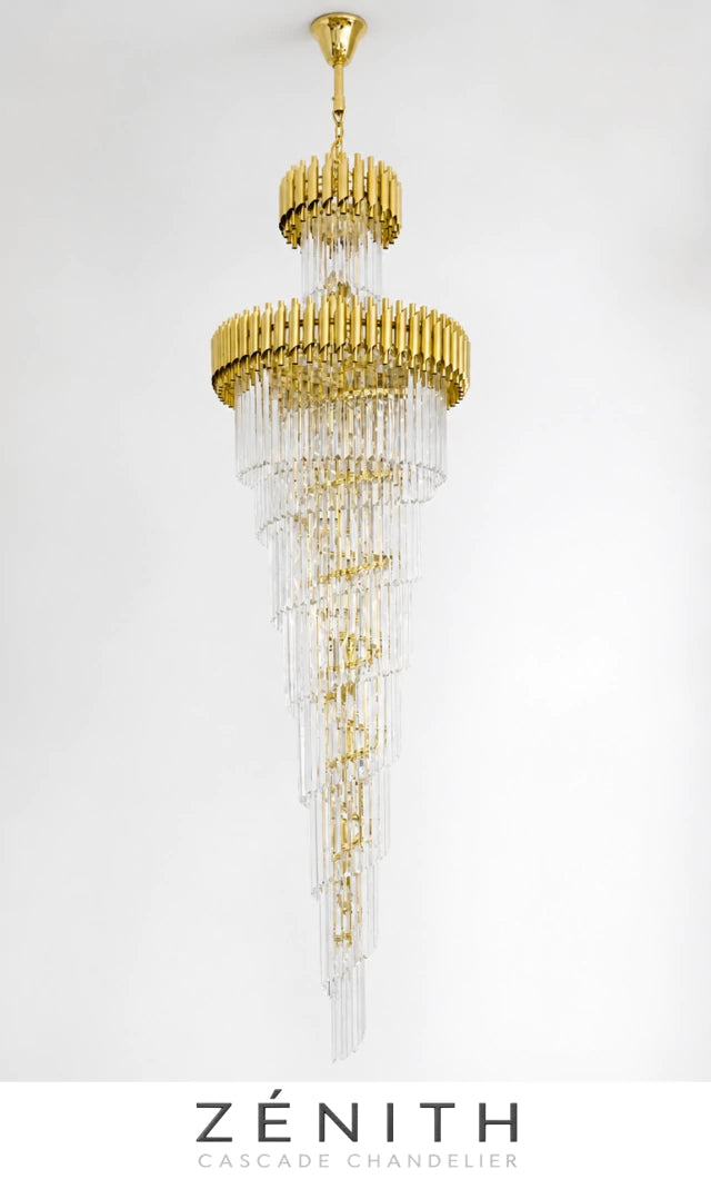Lustre Cristal ZÉNITH CASCADE CHADELIER 180cm Pé Direito Duplo Sala Escada Hall
