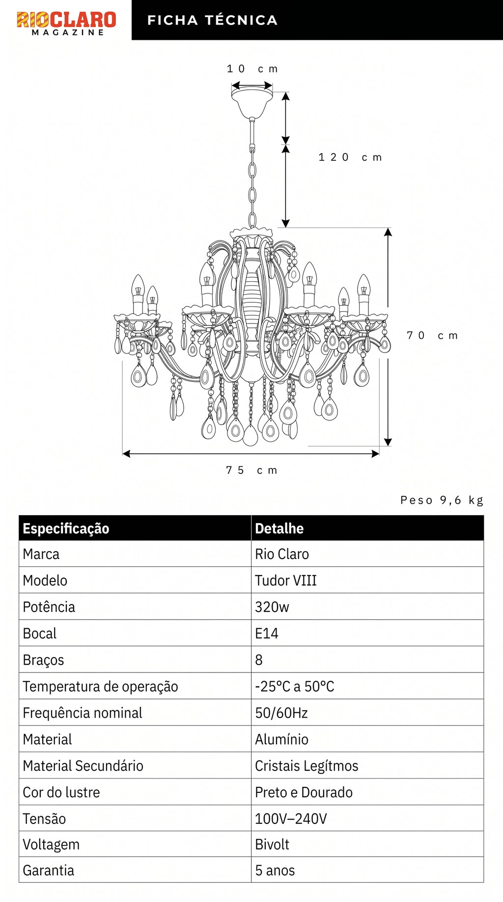 Lustre Candelabro de Cristal Legítimo Tudor 3 Braços Preto e Dourado