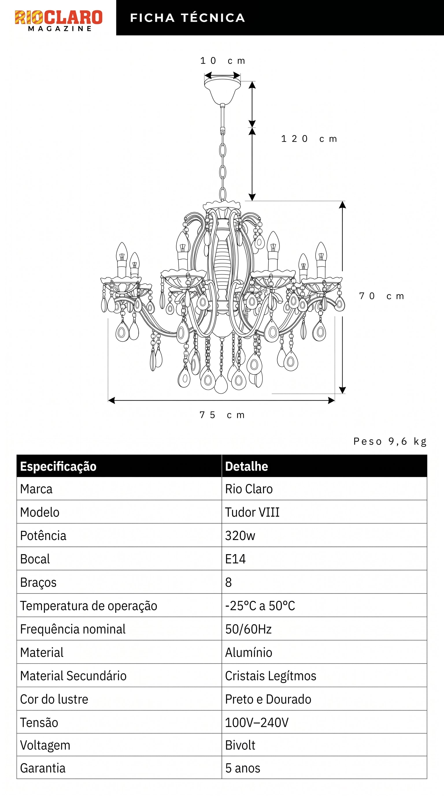 Lustre Candelabro de Cristal Legítimo Tudor 3 Braços Preto e Dourado