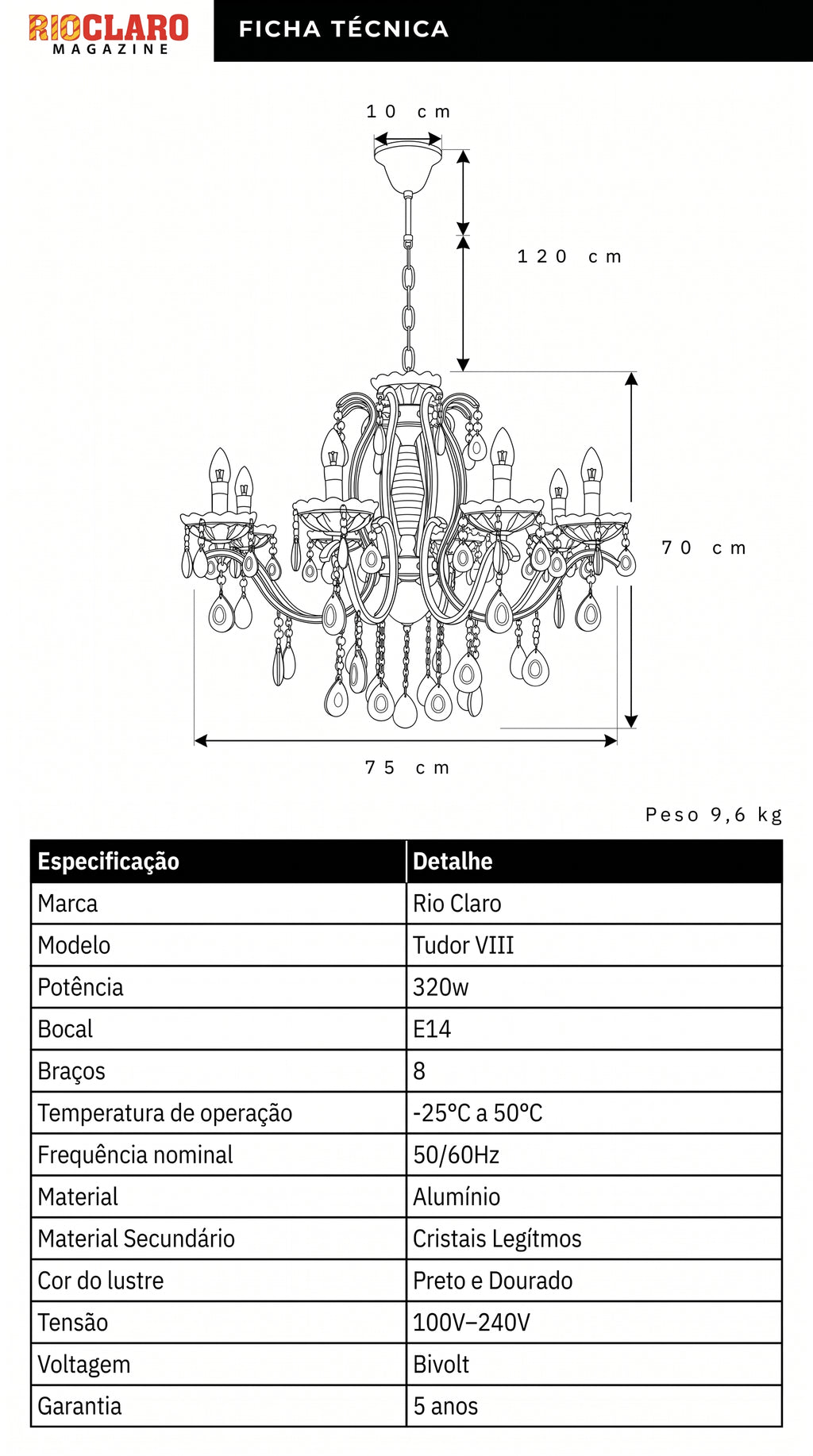 Lustre Candelabro de Cristal Legítimo Tudor 8 Braços Preto e Dourado