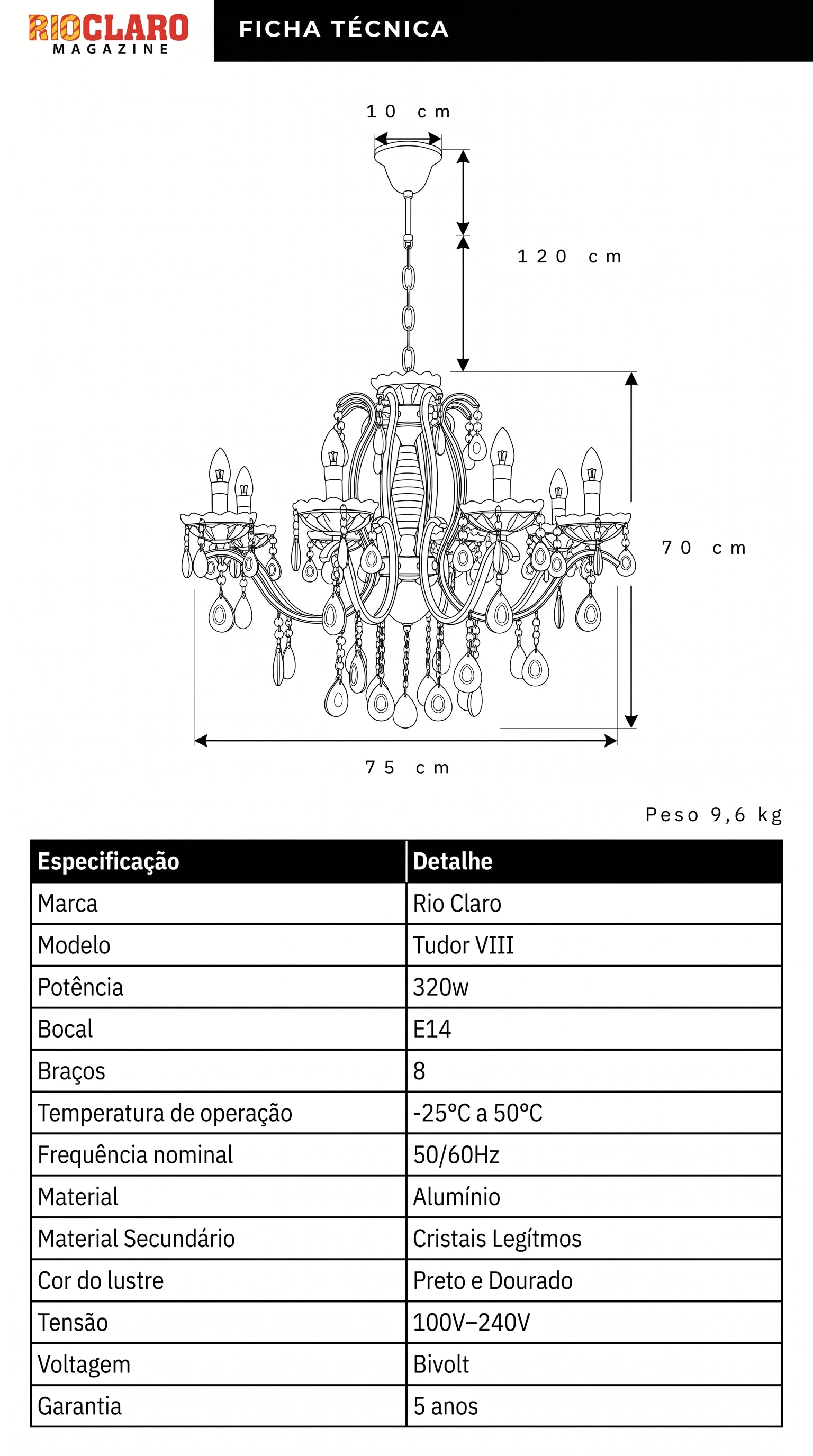 Lustre Candelabro de Cristal Legítimo Tudor 8 Braços Preto e Dourado