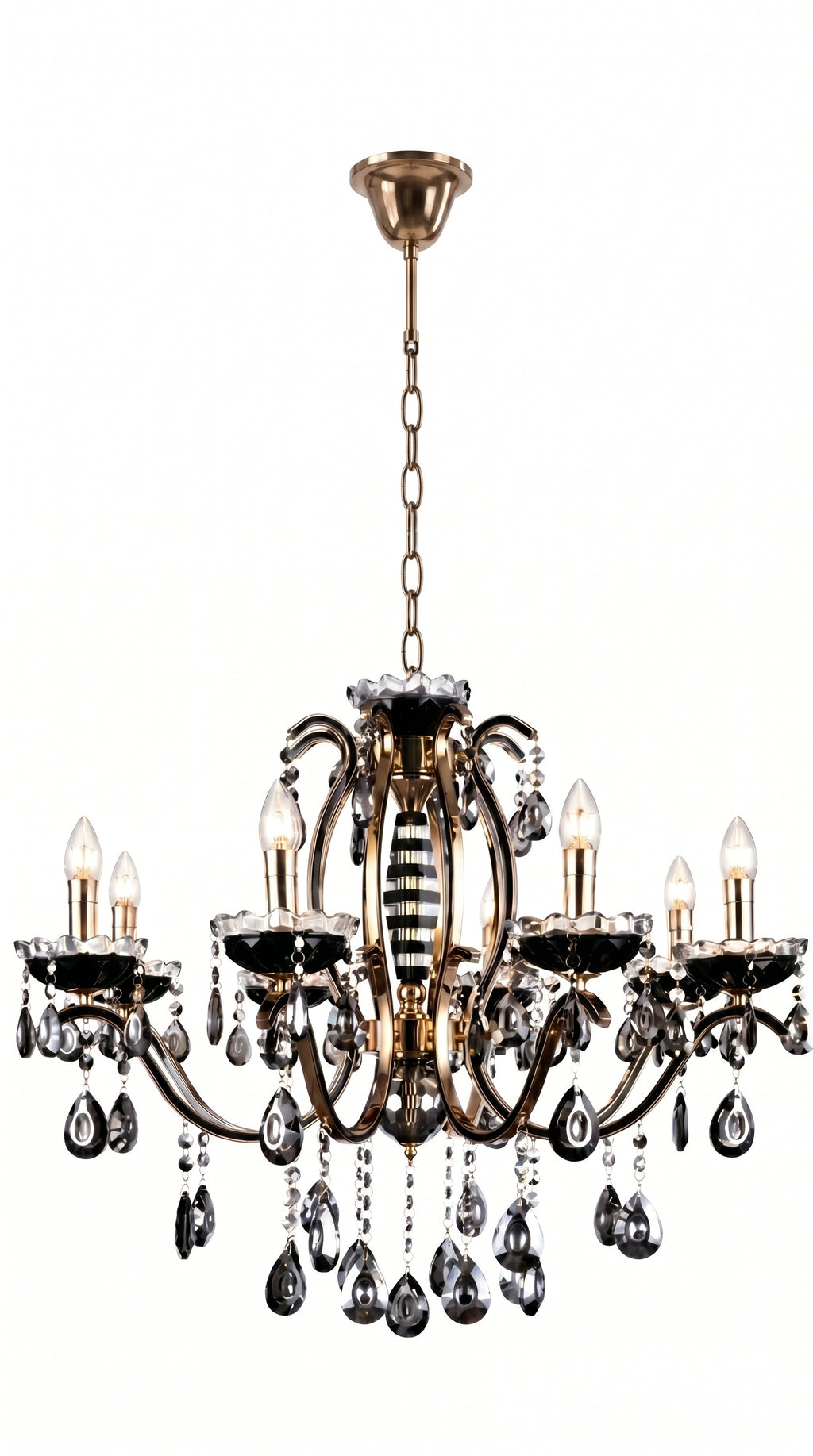 Lustre Candelabro de Cristal Legítimo Tudor 8 Braços Preto e Dourado