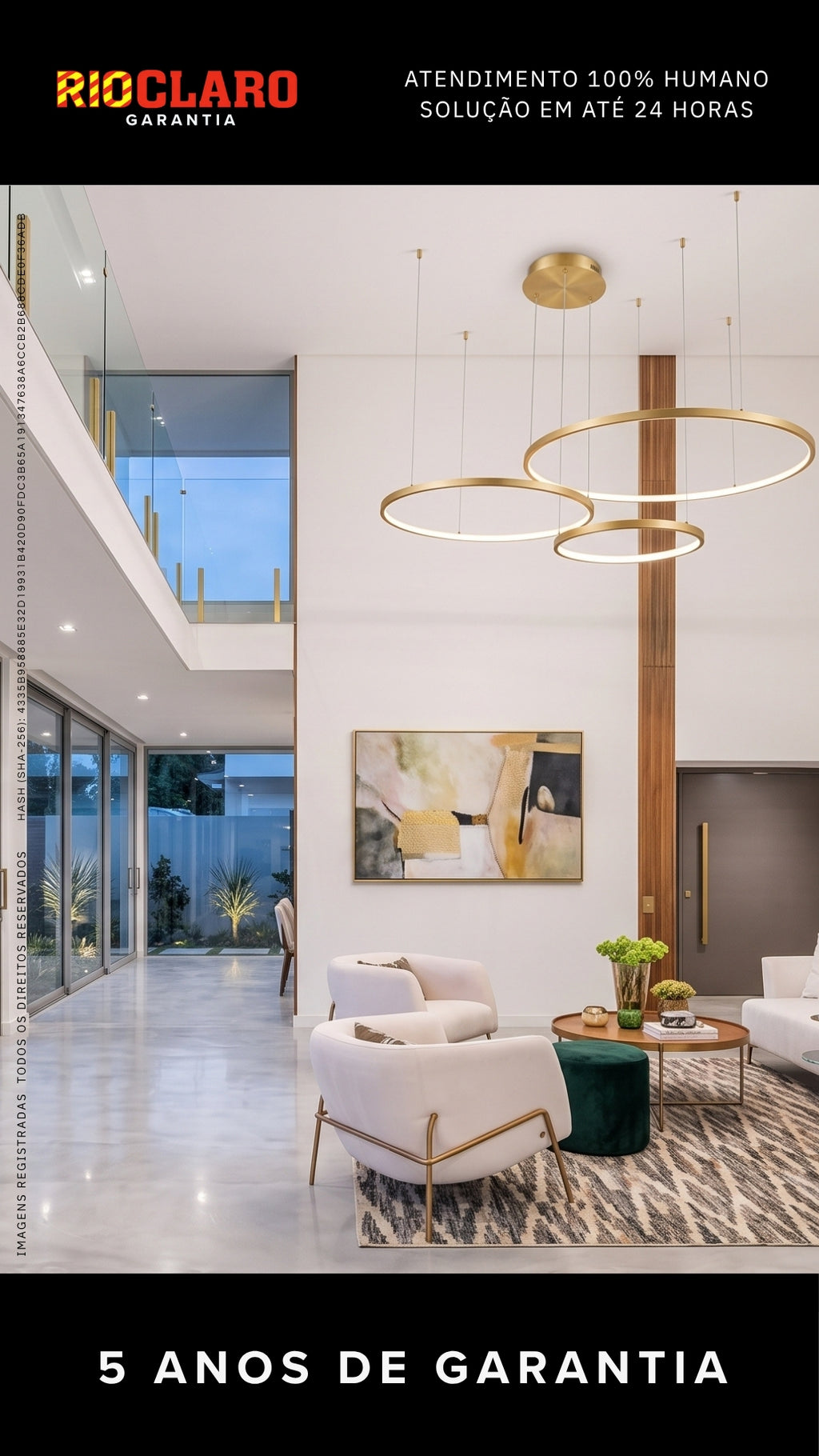 Lustre Pendente LED 3 Anéis Dourado Pé Direito Duplo 112w