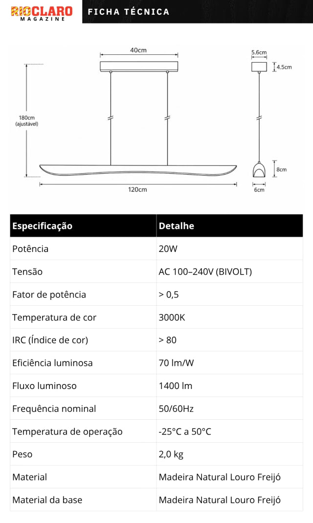 Lustre Pendente Linear Madeira 120cm LED 3000K Bivolt Albero Pienza