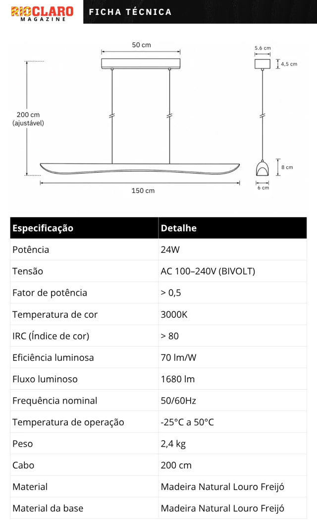Lustre Pendente Linear Madeira 150cm LED 3000K Bivolt Albero Pienza