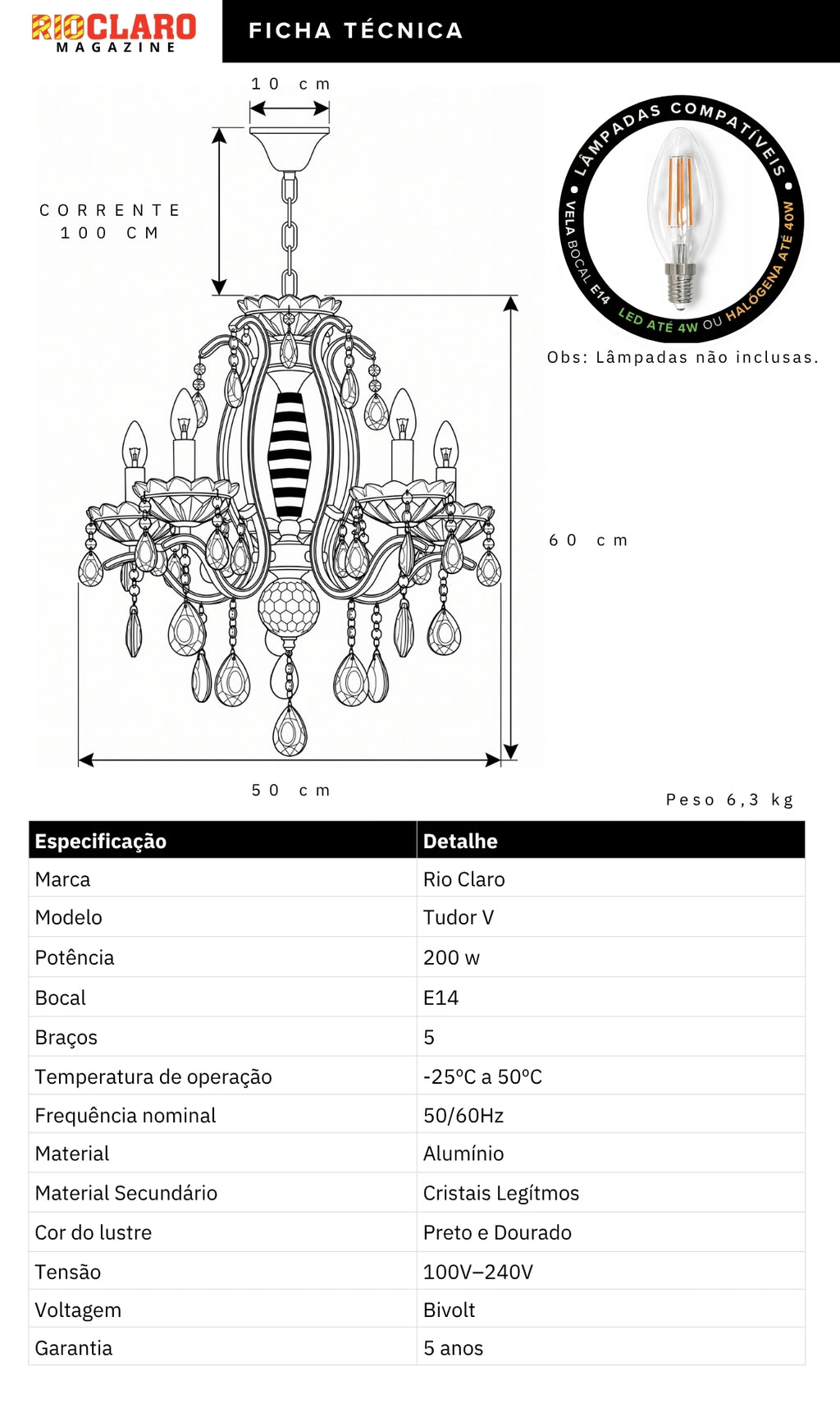 Lustre Candelabro de Cristal Legítimo Tudor 5 Braços Preto e Dourado
