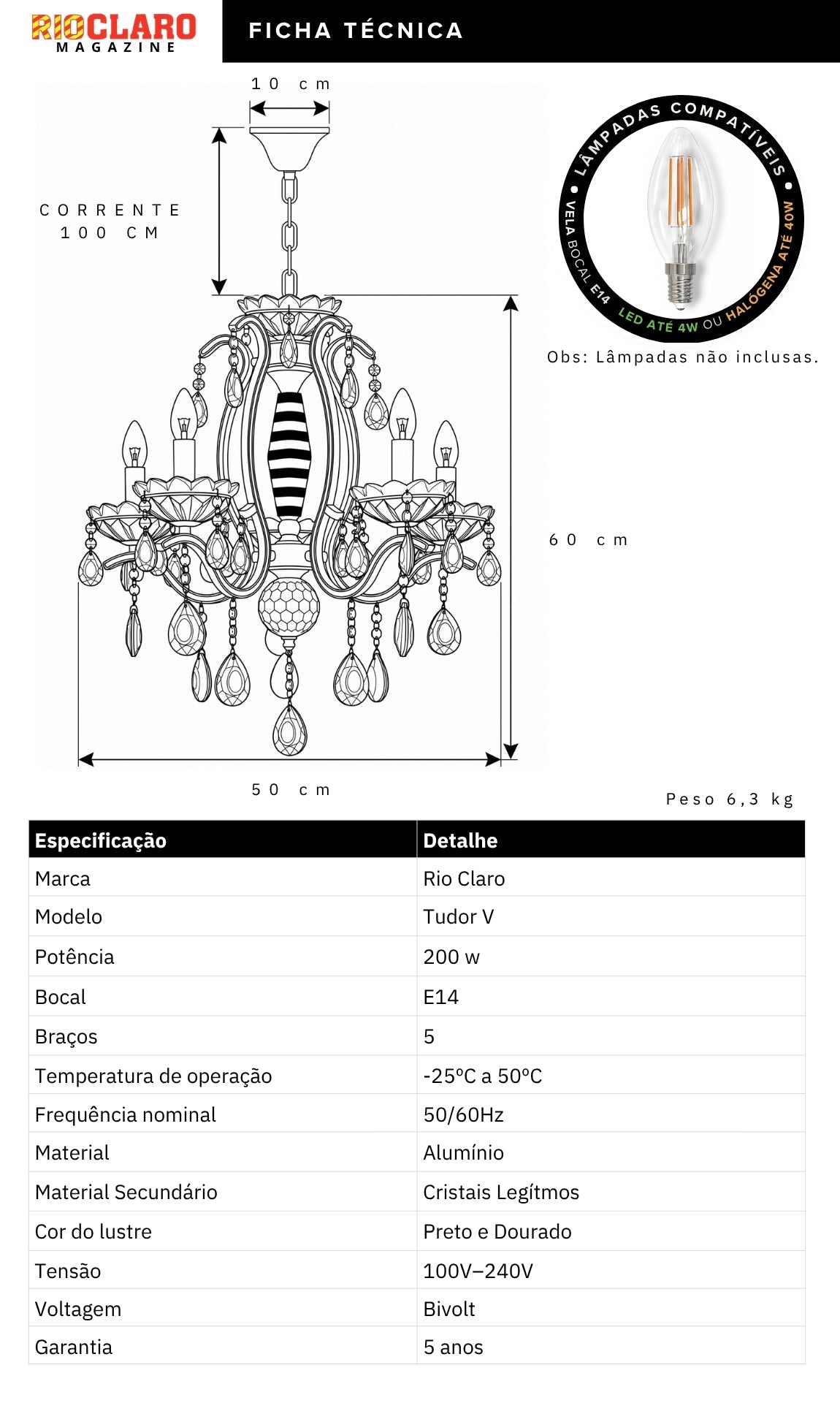 Lustre Candelabro de Cristal Legítimo Tudor 5 Braços Preto e Dourado